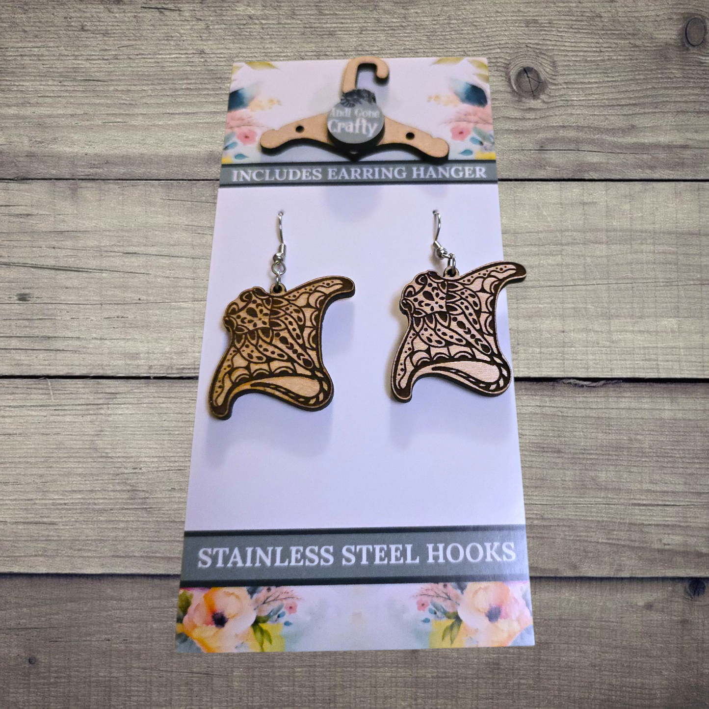 Stingray - (Lightweight Wood and Stainless Steel Hooks) -  Earring Number 300487