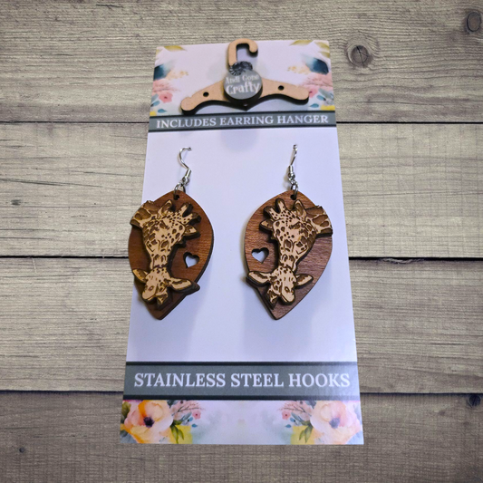 Giraffe Mama and Baby - (Lightweight Wood and Stainless Steel Hooks) -  Earring Number 300488