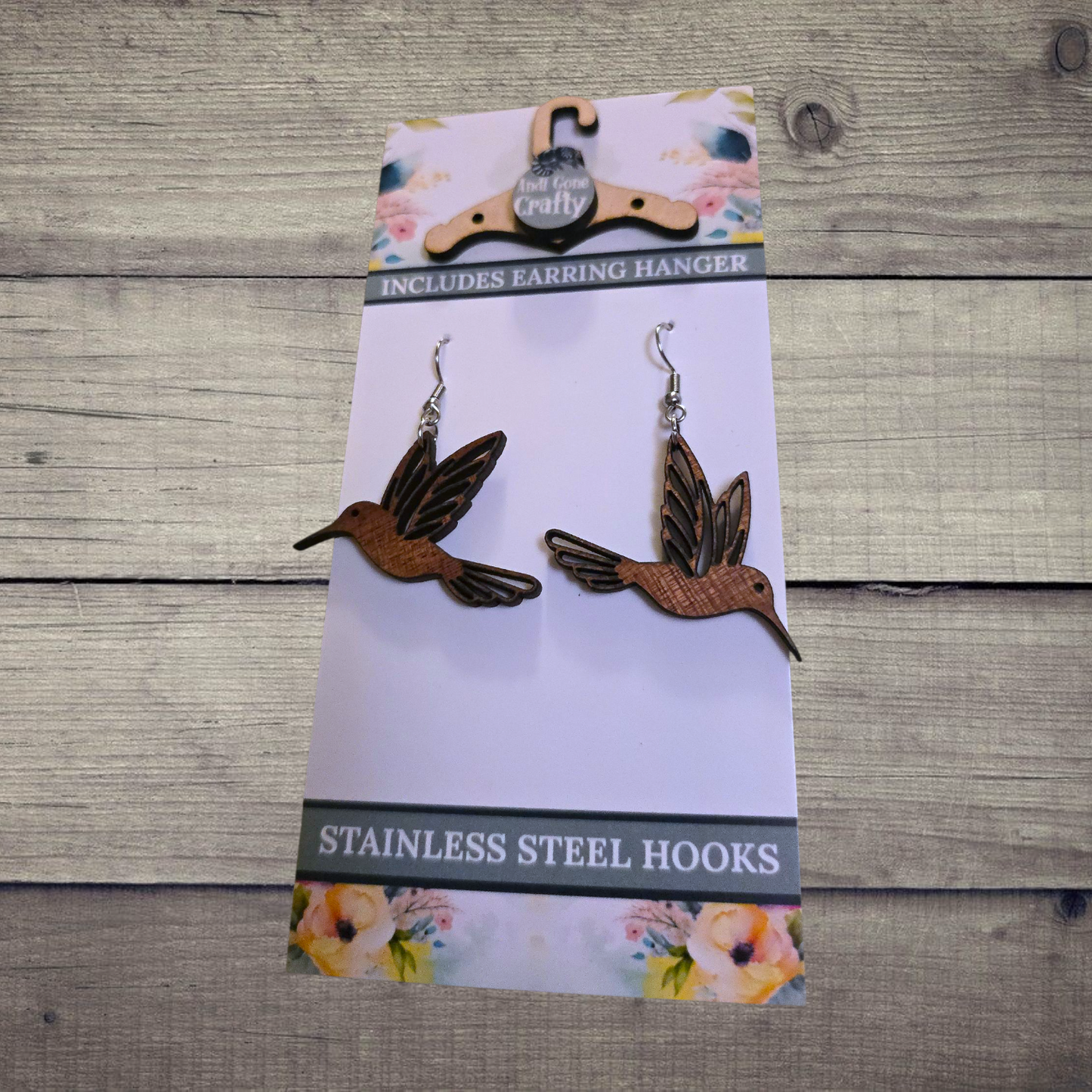 Hummingbird - (Lightweight Wood and Stainless Steel Hooks) -  Earring Number 300450
