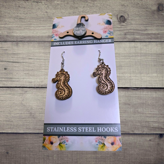 Sea Horse - (Lightweight Wood and Stainless Steel Hooks) -  Earring Number 300451