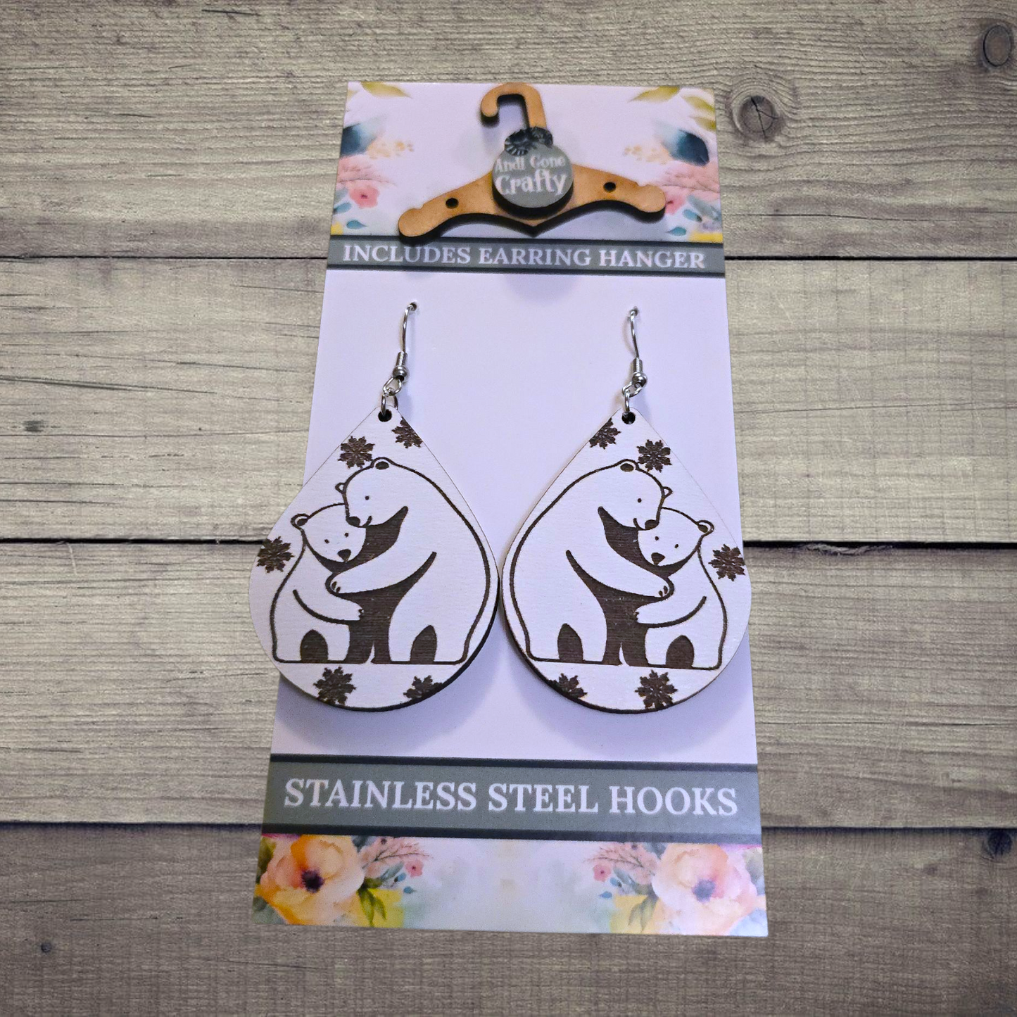 Polar Bear - (Lightweight Wood and Stainless Steel Hooks) -  Earring Number 300456