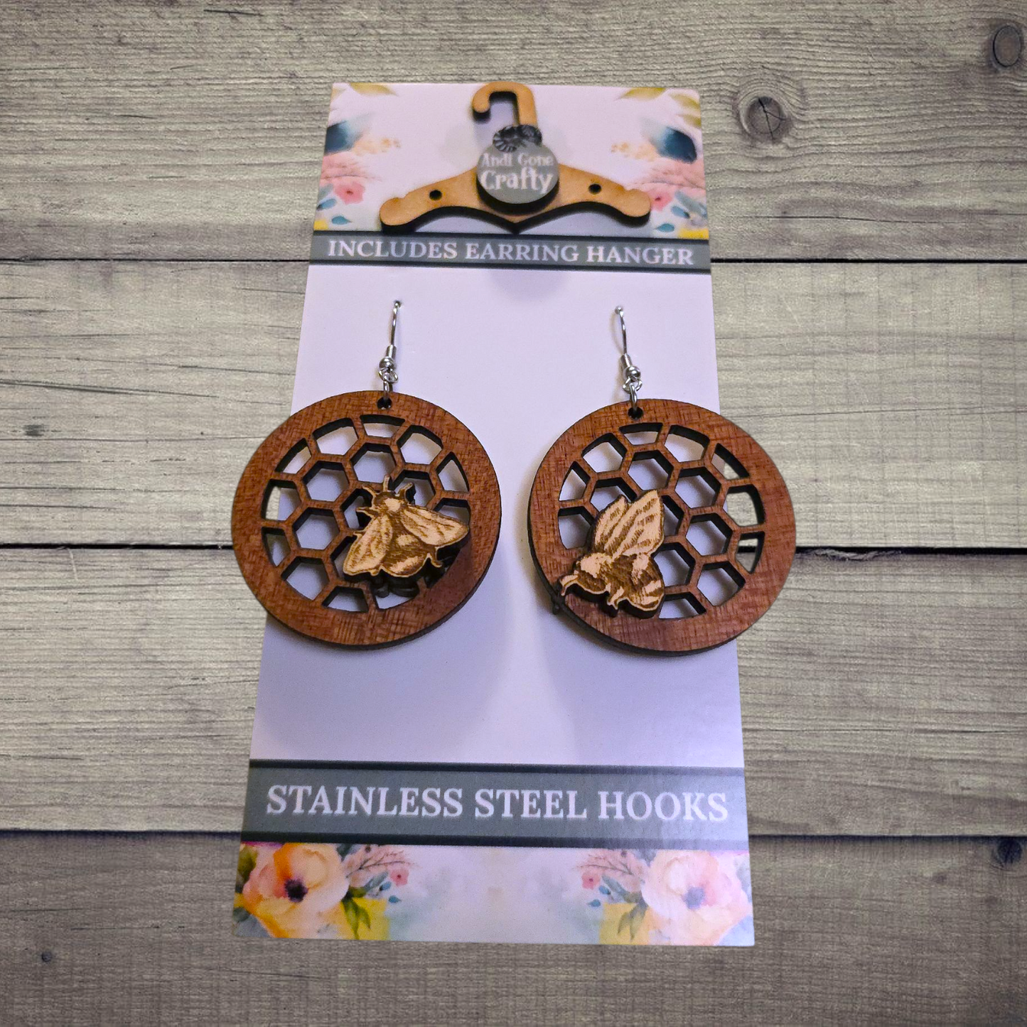 Bee - (Lightweight Wood and Stainless Steel Hooks) -  Earring Number 300460