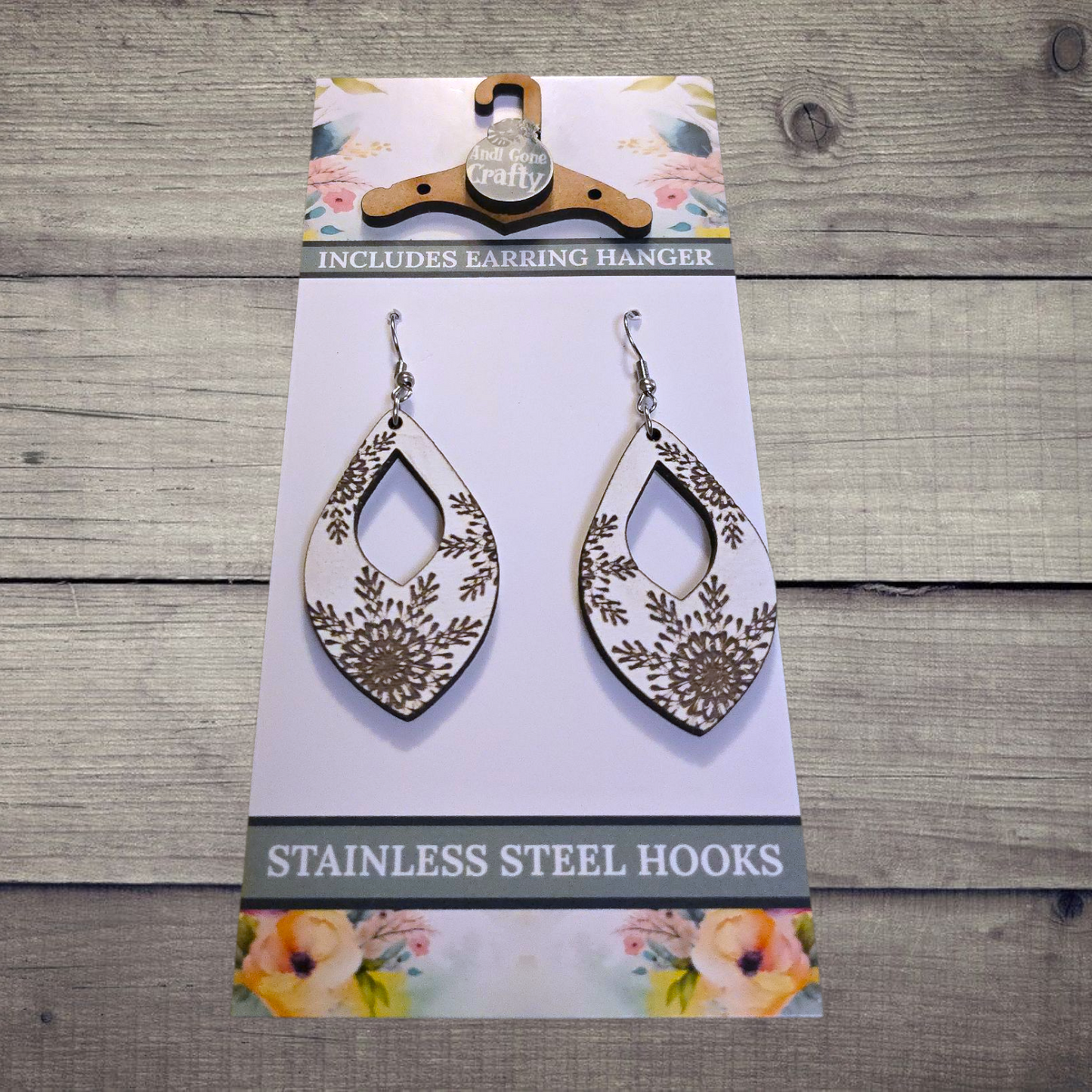 Snowflake - (Lightweight Wood and Stainless Steel Hooks) -  Earring Number 300444