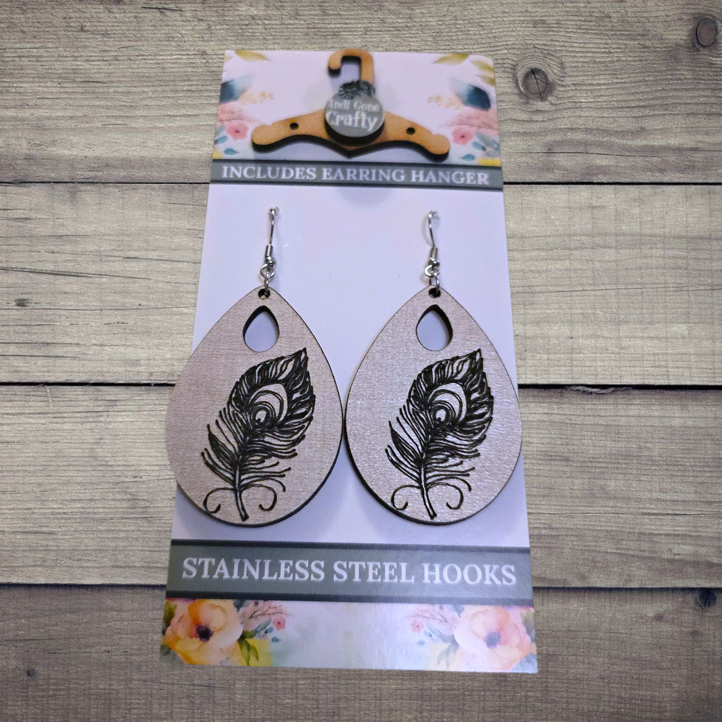 Feather - (Lightweight Wood and Stainless Steel Hooks) -  Earring Number 300436