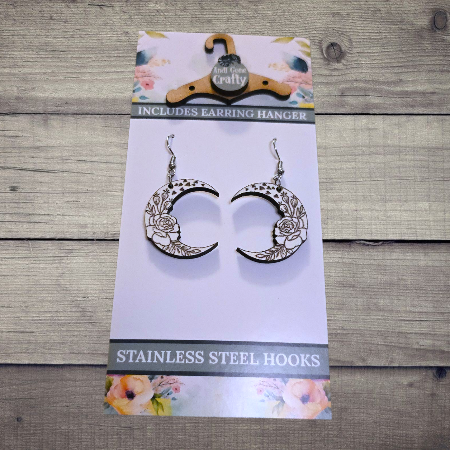 Moon - (Lightweight Wood and Stainless Steel Hooks) -  Earring Number 300438