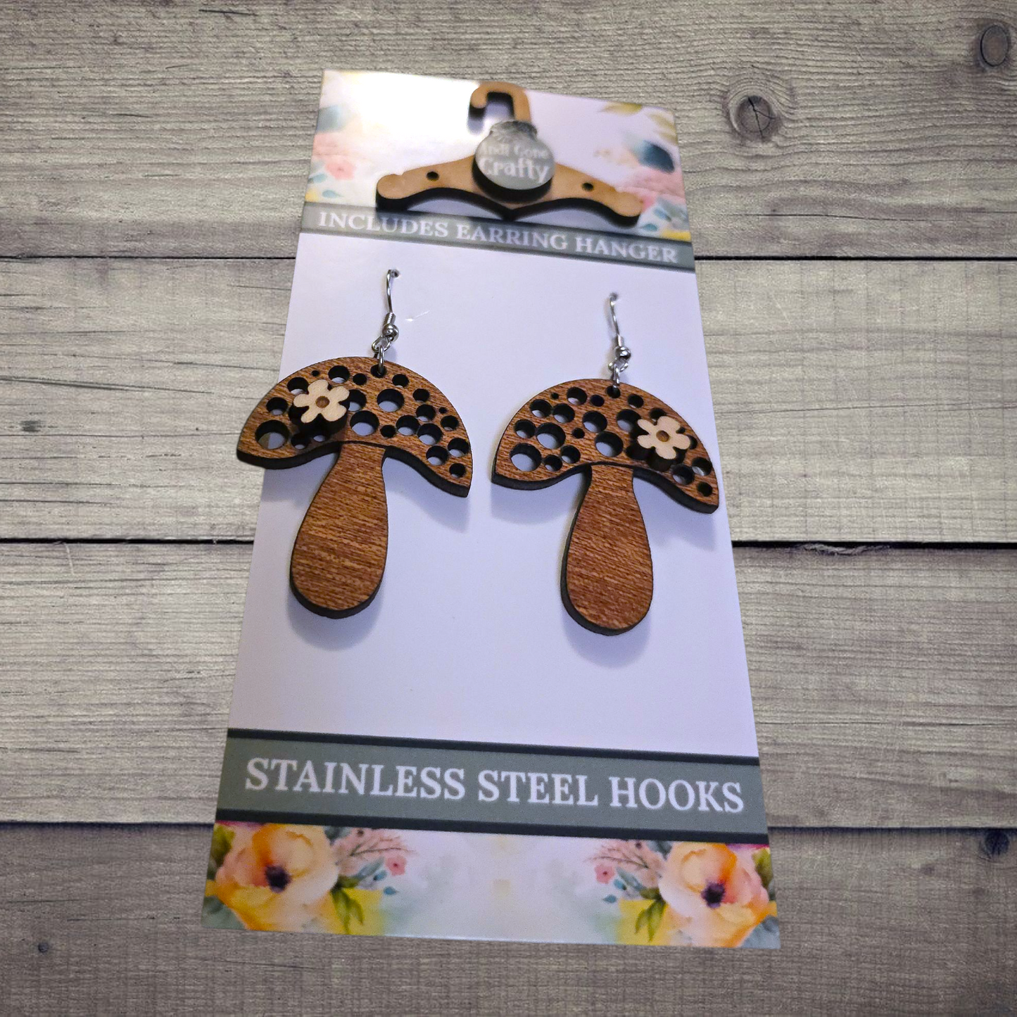 Mushroom - (Lightweight Wood and Stainless Steel Hooks) -  Earring Number 300398