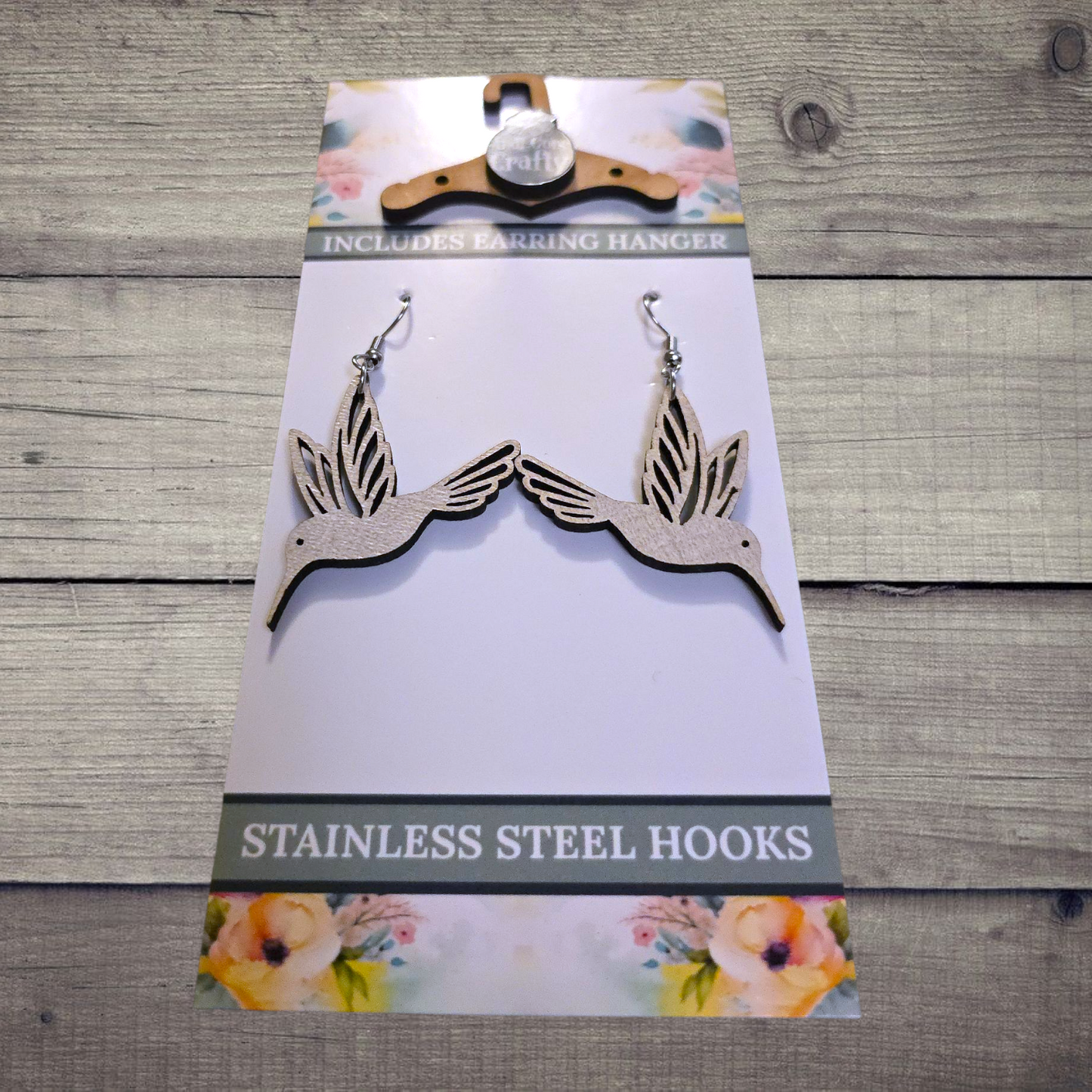 Hummingbird - (Lightweight Wood and Stainless Steel Hooks) -  Earring Number 300403