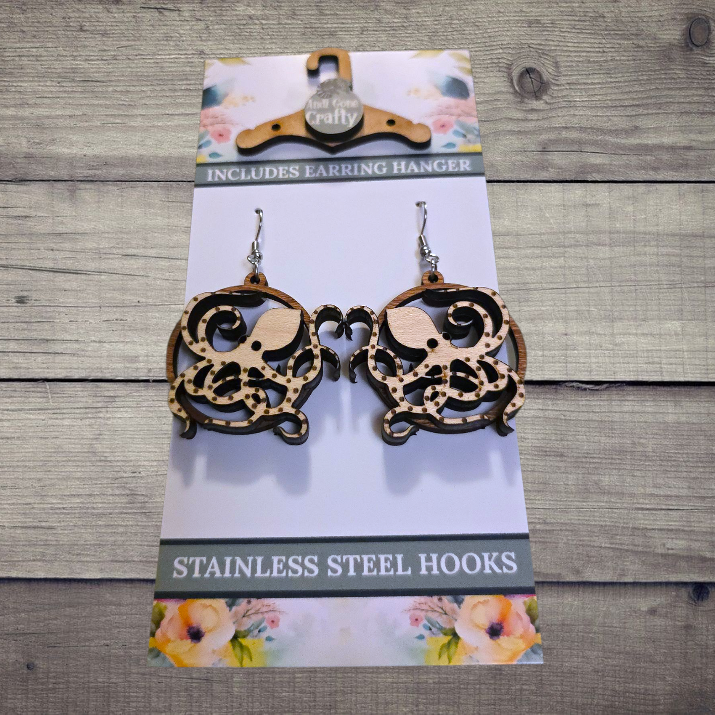 Octopus - (Lightweight Wood and Stainless Steel Hooks) -  Earring Number 300407