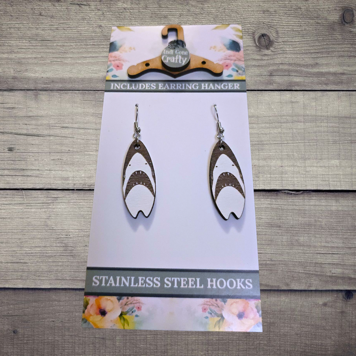 Shark - (Lightweight Wood and Stainless Steel Hooks) -  Earring Number 300415