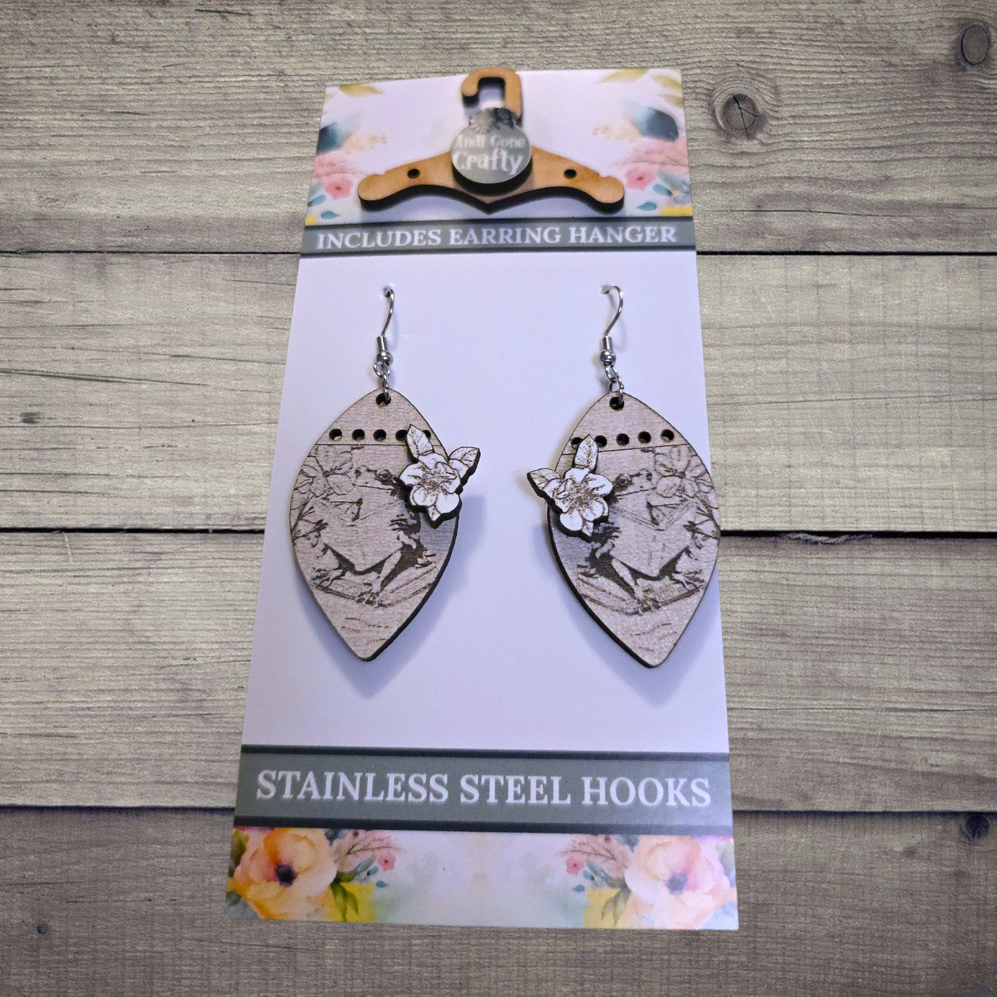 Frog Reading - (Lightweight Wood and Stainless Steel Hooks) -  Earring Number 300416