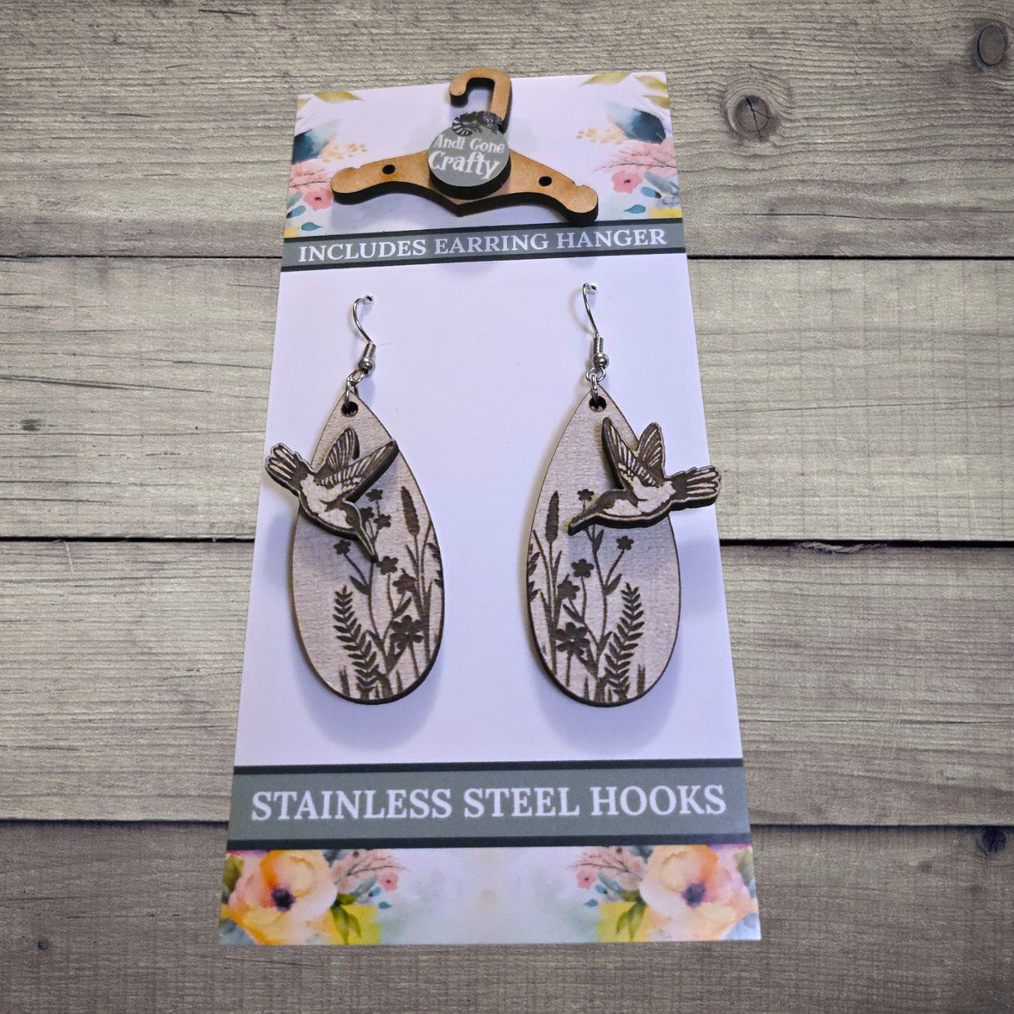 Hummingbird - (Lightweight Wood and Stainless Steel Hooks) -  Earring Number 300422