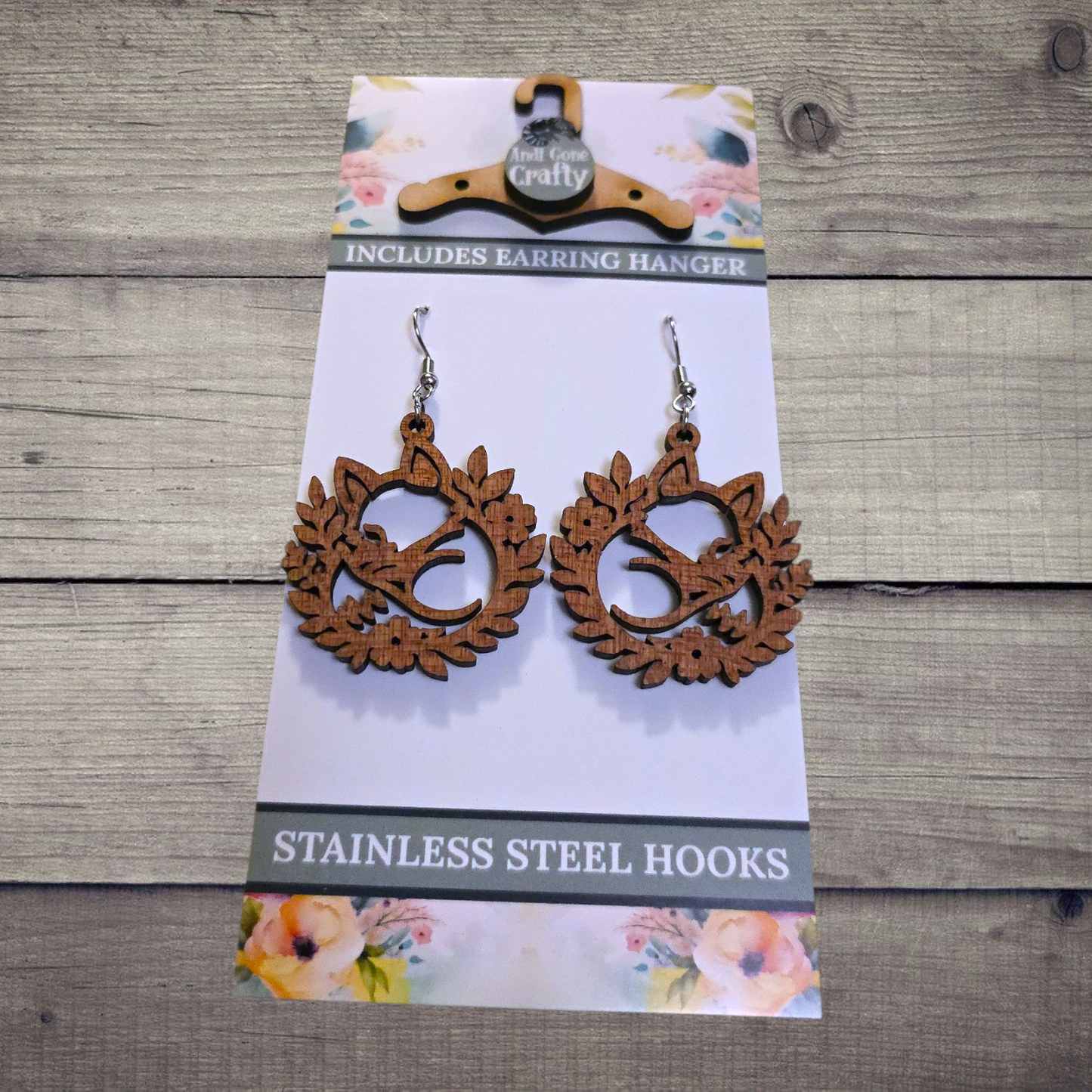 Fox - (Lightweight Wood and Stainless Steel Hooks) -  Earring Number 300423