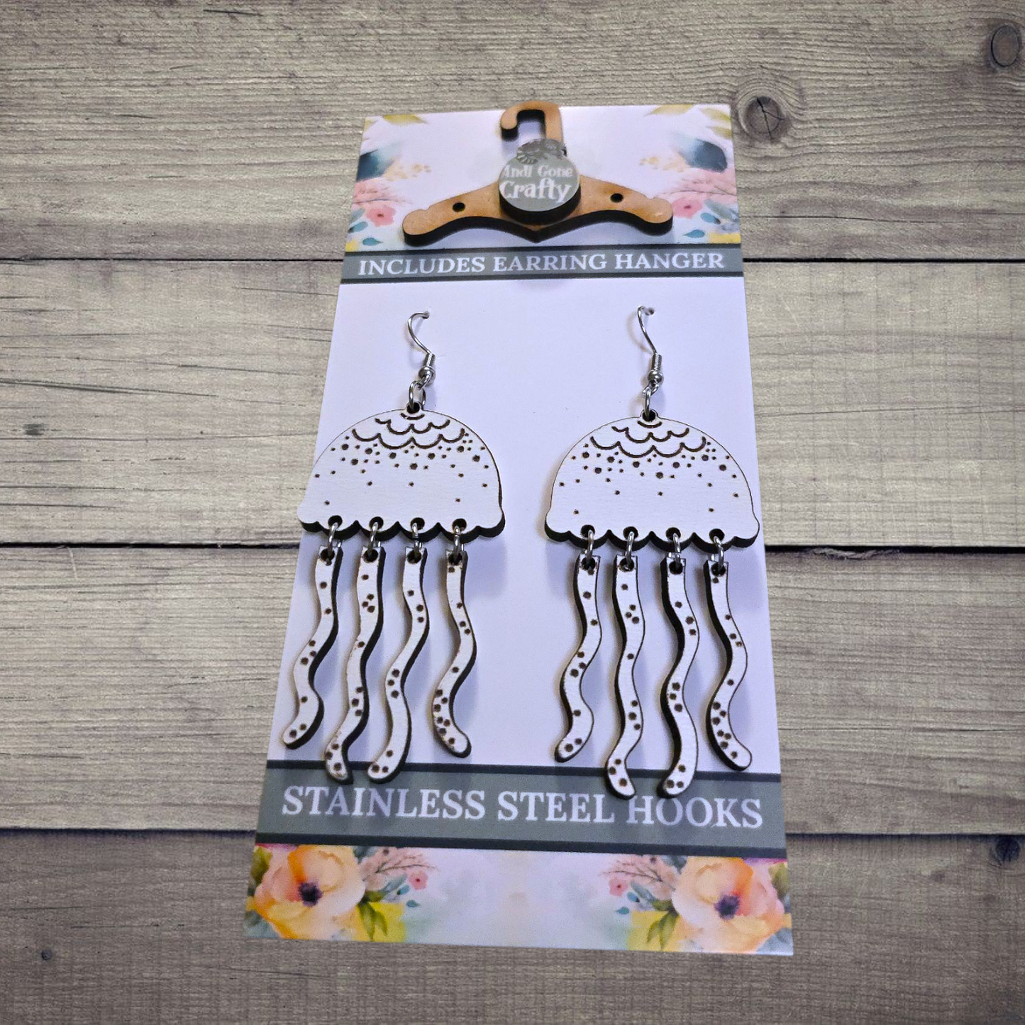 Jellyfish - (Lightweight Wood and Stainless Steel Hooks) -  Earring Number 300395