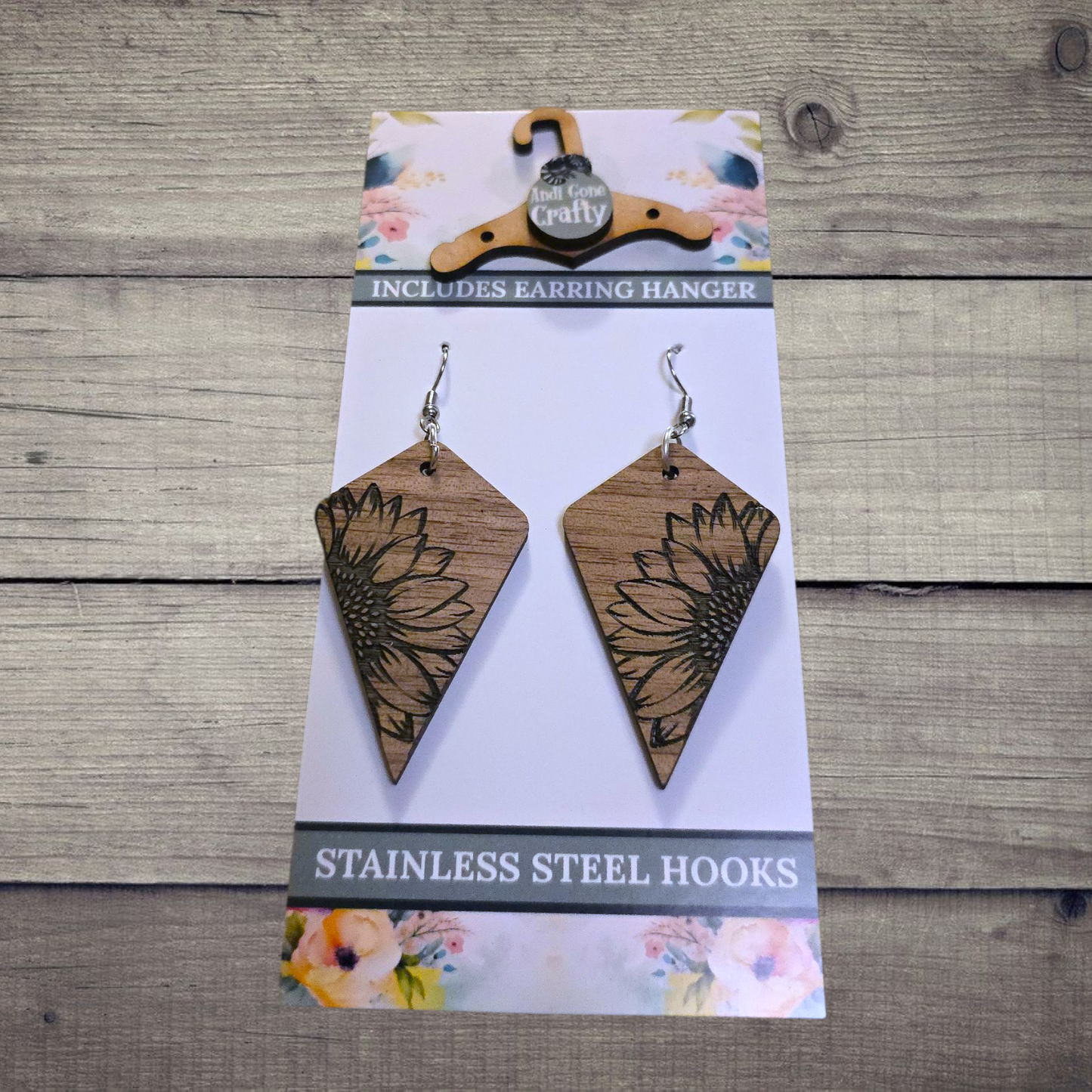 Flower - (Lightweight Wood and Stainless Steel Hooks) -  Earring Number 300396