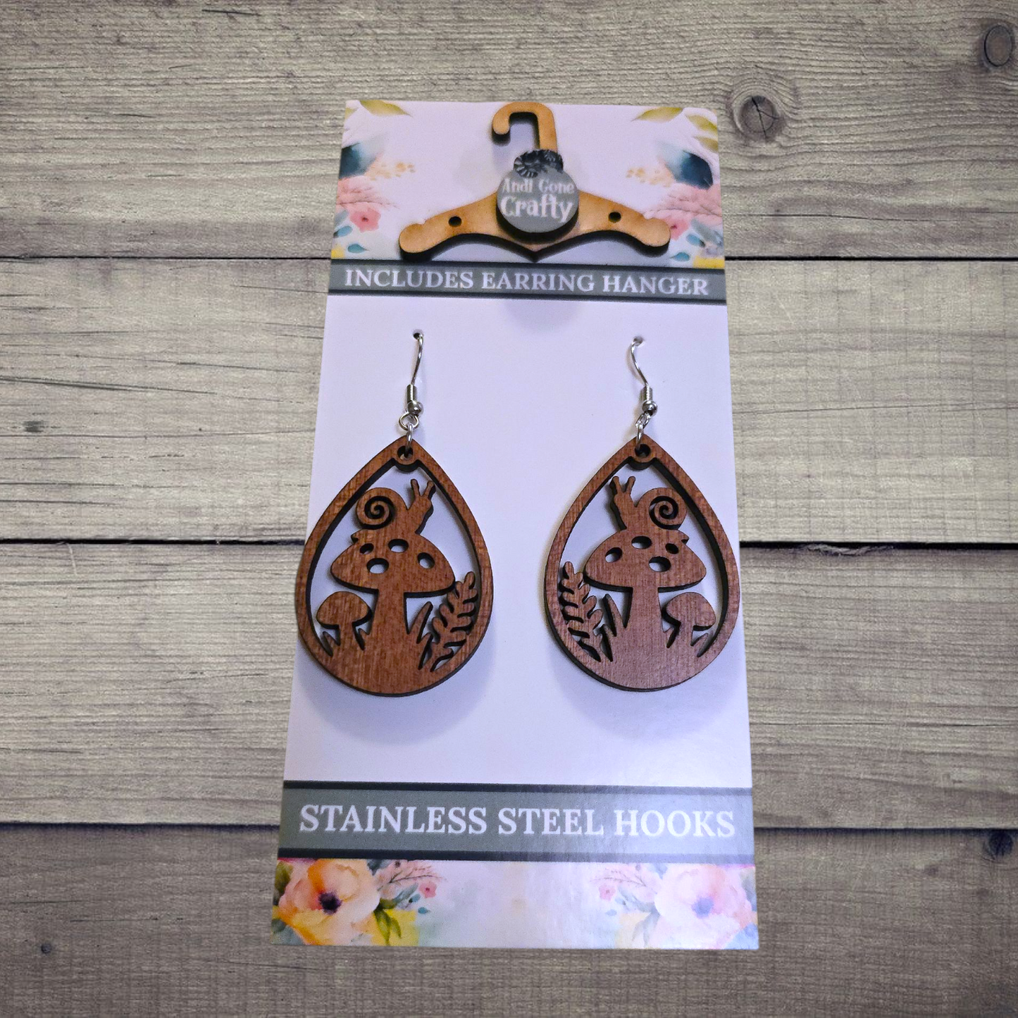 Mushroom - (Lightweight Wood and Stainless Steel Hooks) -  Earring Number 300371