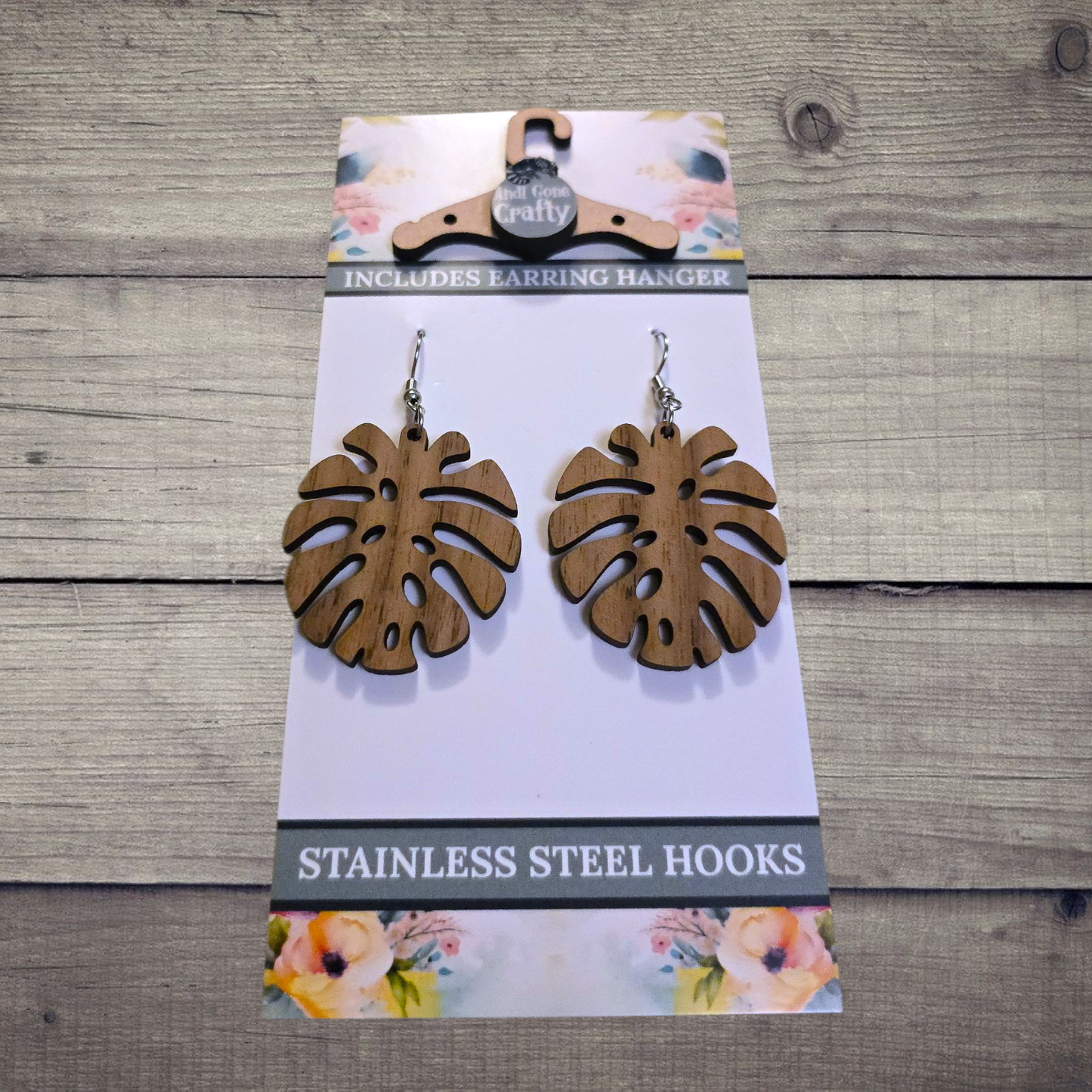 Monstera - (Lightweight Wood and Stainless Steel Hooks) -  Earring Number 300378