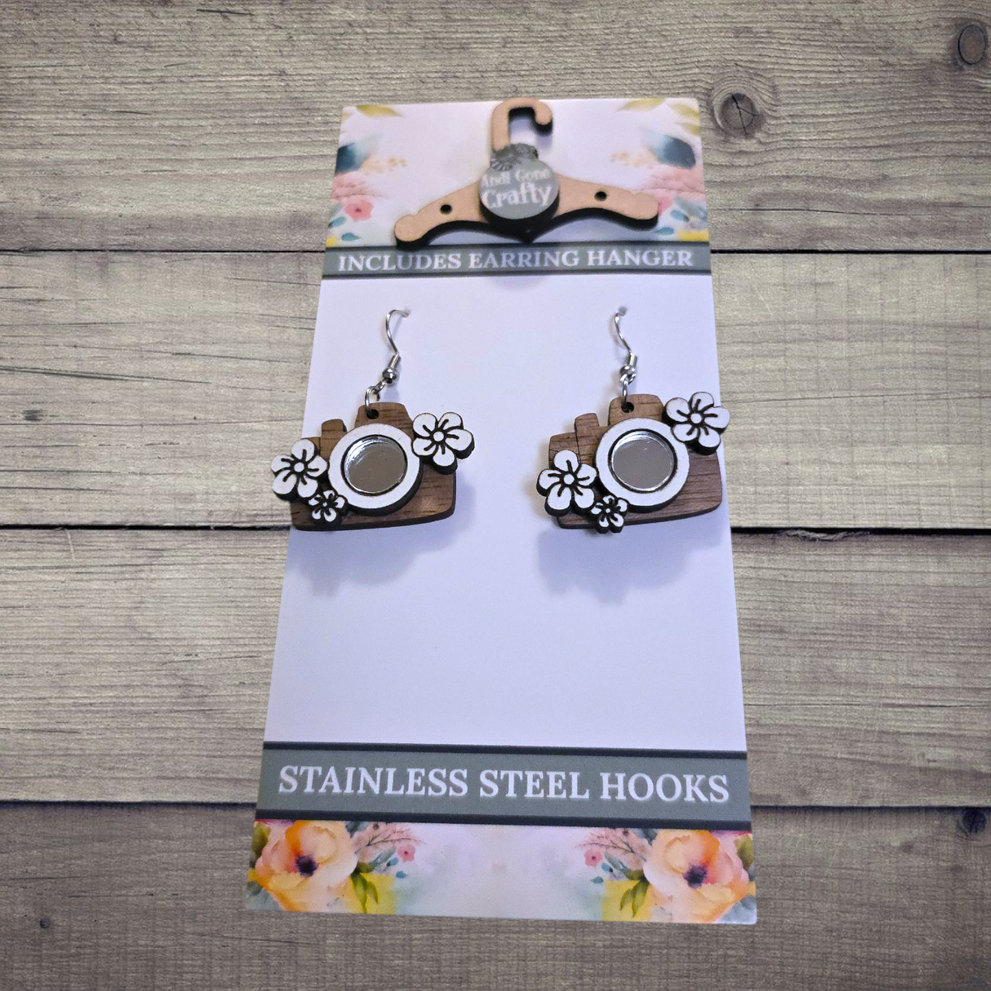Camera - (Lightweight Wood and Stainless Steel Hooks) -  Earring Number 300390