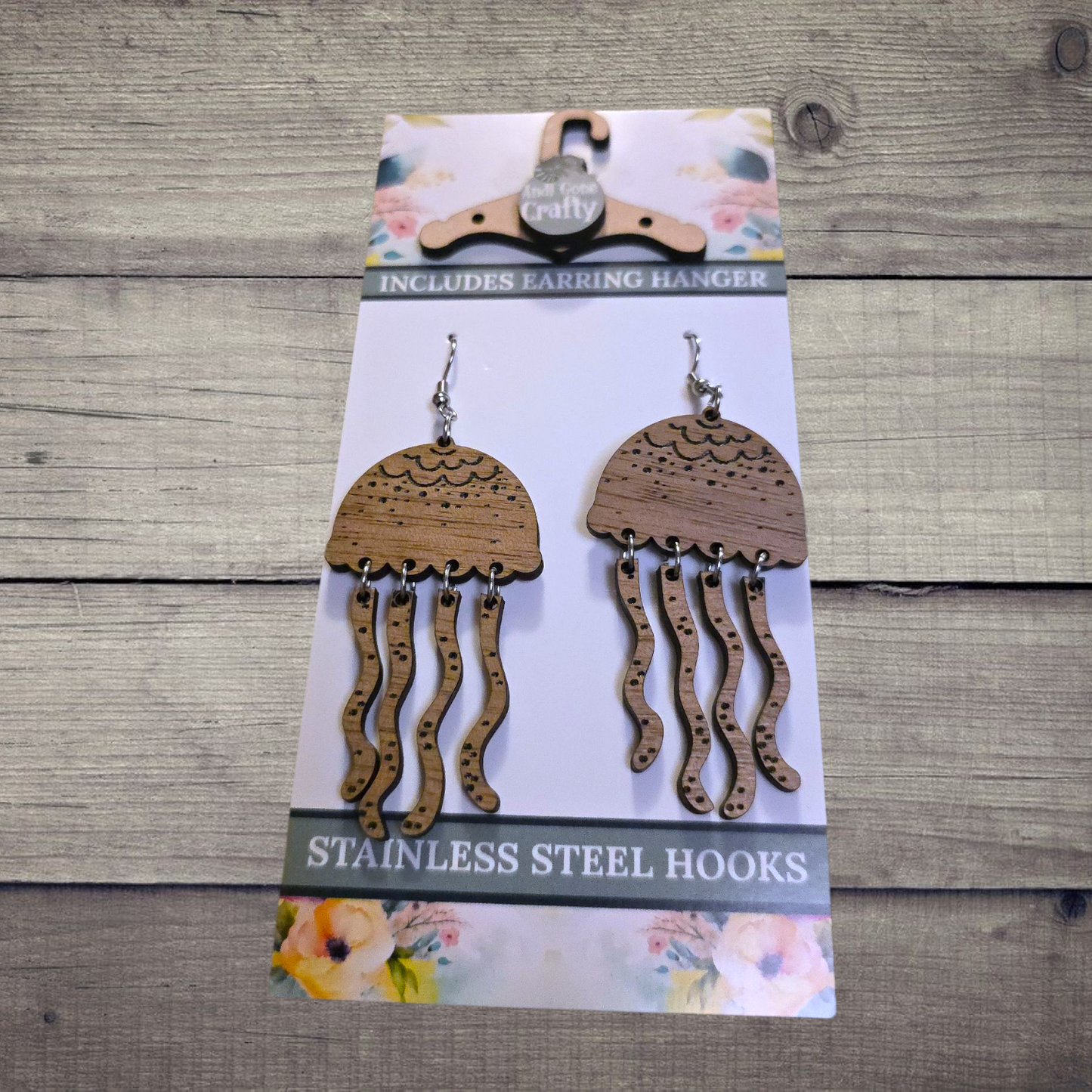 Jellyfish - (Lightweight Wood and Stainless Steel Hooks) -  Earring Number 300377