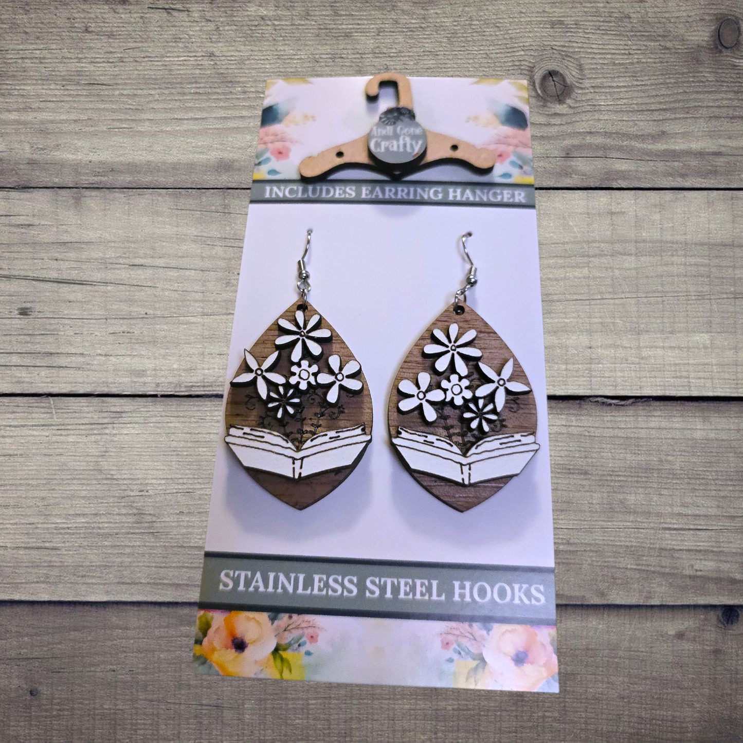 Book - (Lightweight Wood and Stainless Steel Hooks) -  Earring Number 300374