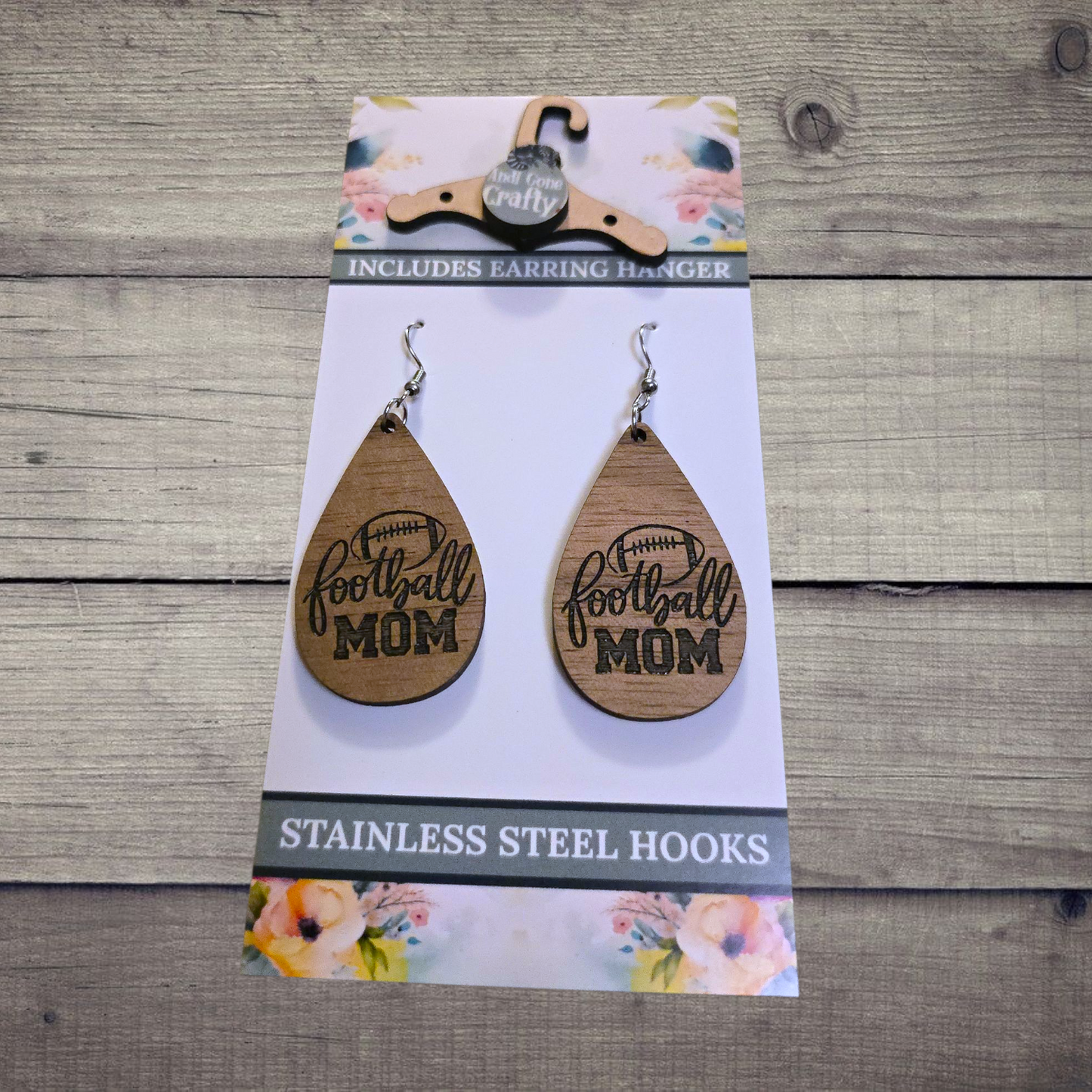 Football Mom - (Lightweight Wood and Stainless Steel Hooks) -  Earring Number 300326