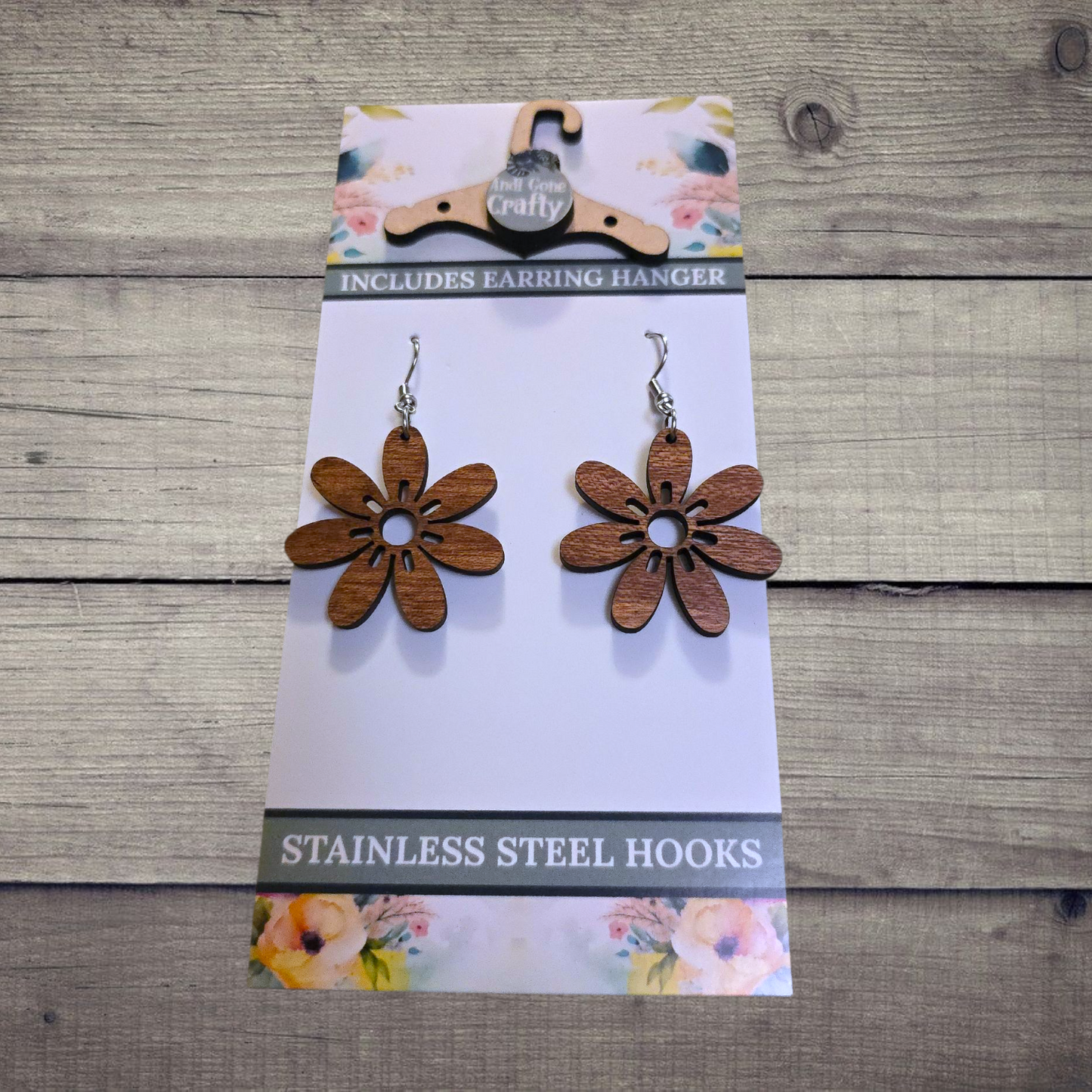 Flower - (Lightweight Wood and Stainless Steel Hooks) -  Earring Number 300330