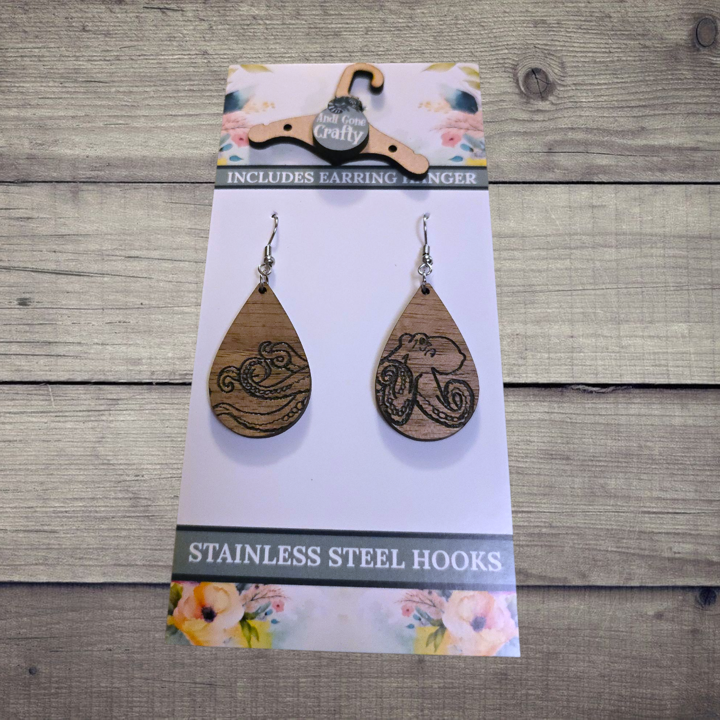 Octopus - (Lightweight Wood and Stainless Steel Hooks) -  Earring Number 300333