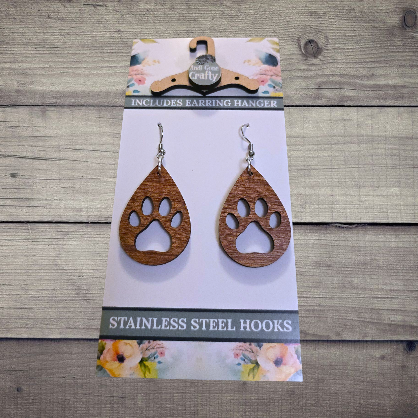 Paw - (Lightweight Wood and Stainless Steel Hooks) -  Earring Number 300338