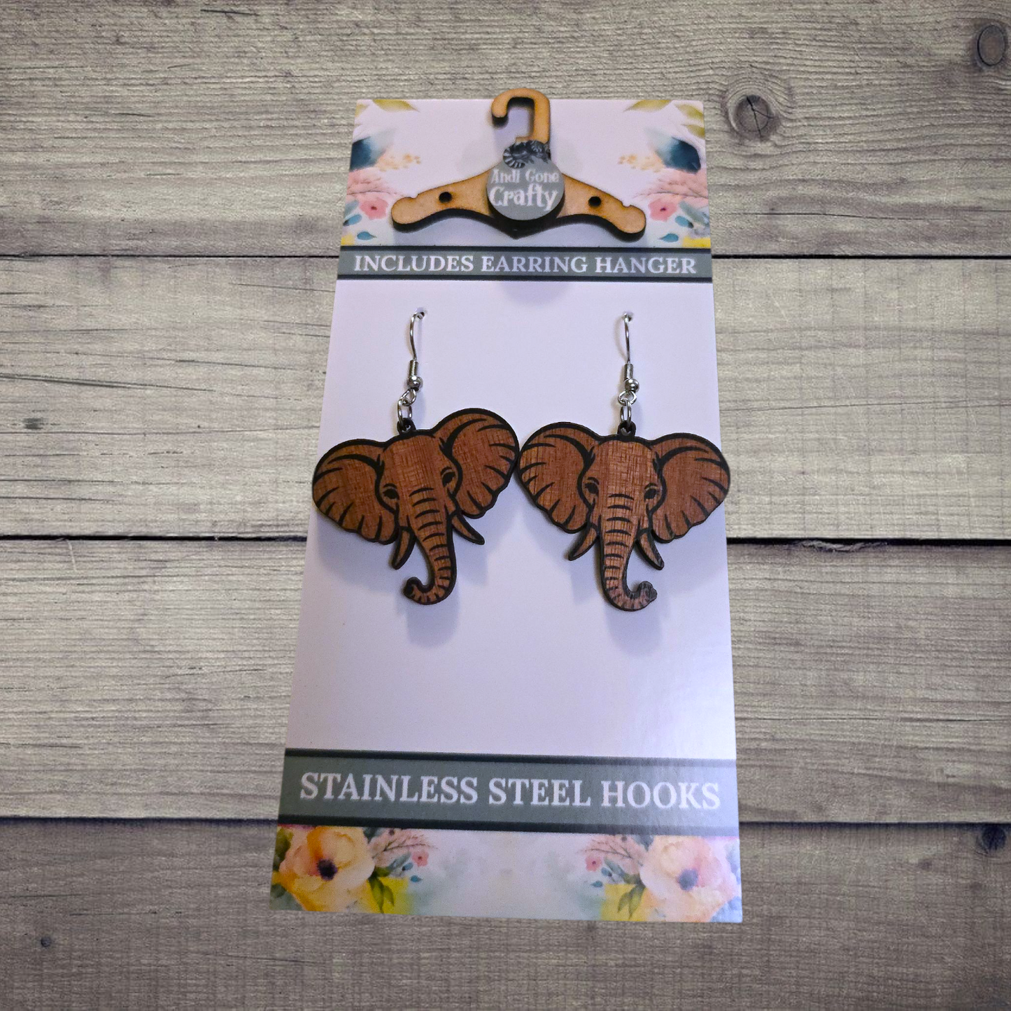 Elephant - (Lightweight Wood and Stainless Steel Hooks) -  Earring Number 300278
