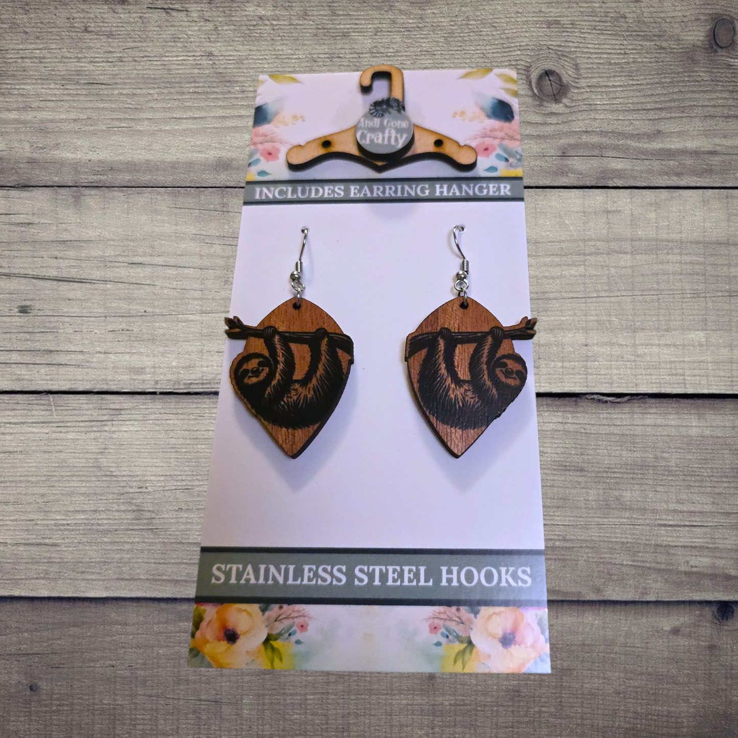 Sloth - (Lightweight Wood and Stainless Steel Hooks) -  Earring Number 300280