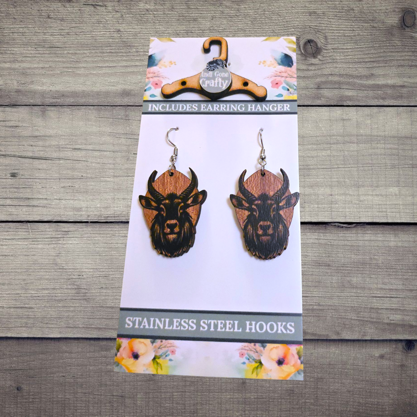 Waterbuck - (Lightweight Wood and Stainless Steel Hooks) -  Earring Number 300290