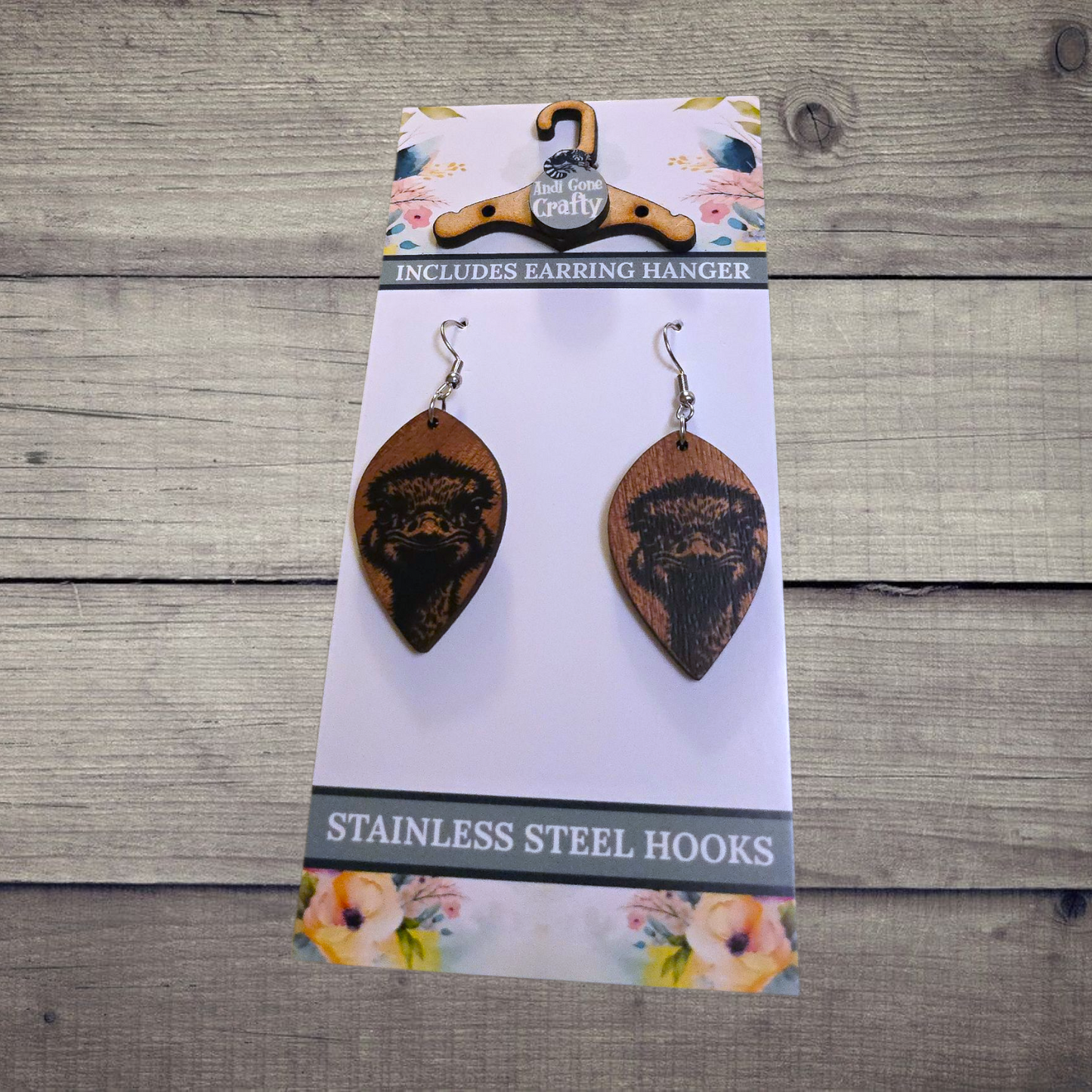 Ostrich - (Lightweight Wood and Stainless Steel Hooks) -  Earring Number 300291