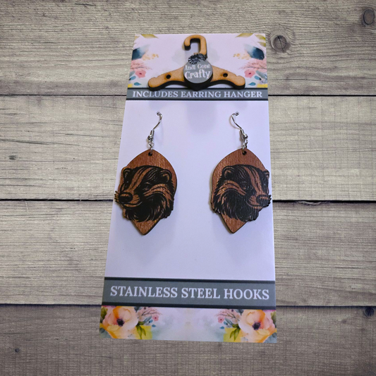 Badger - (Lightweight Wood and Stainless Steel Hooks) -  Earring Number 300257