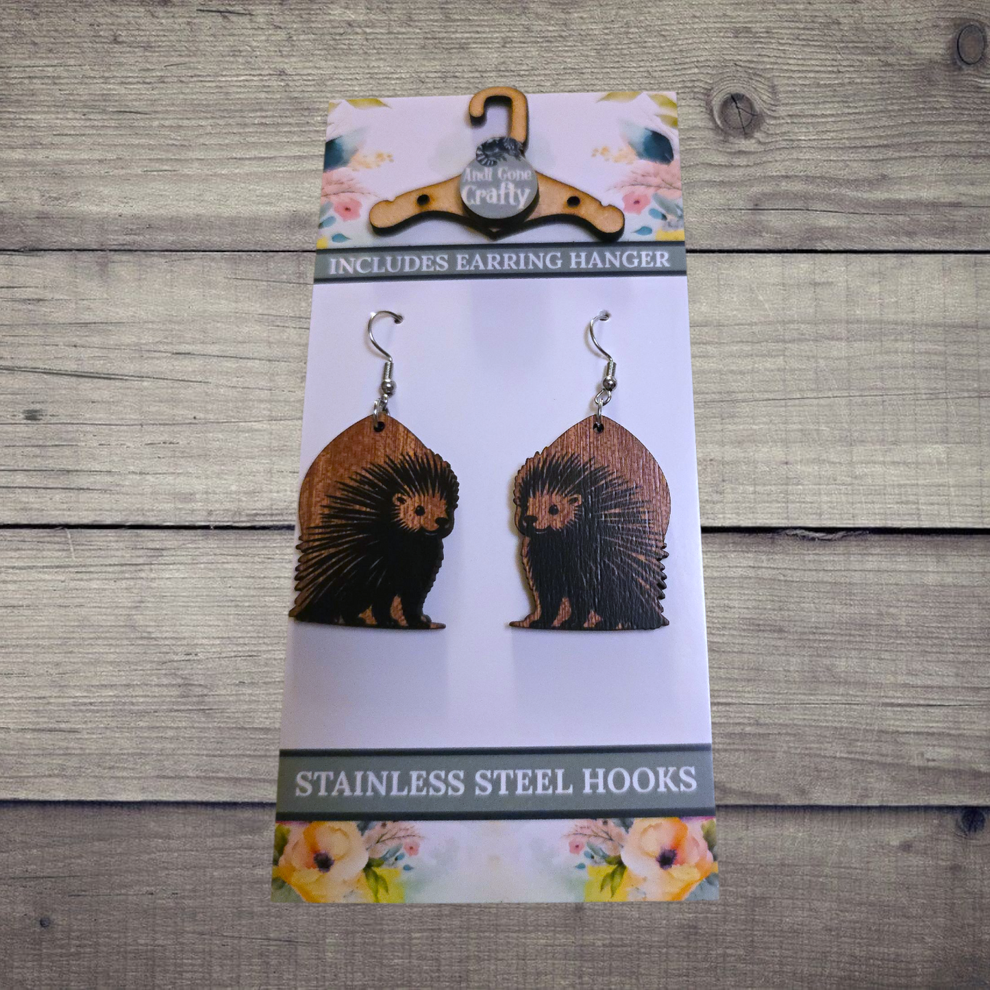 Porcupine - (Lightweight Wood and Stainless Steel Hooks) -  Earring Number 300259
