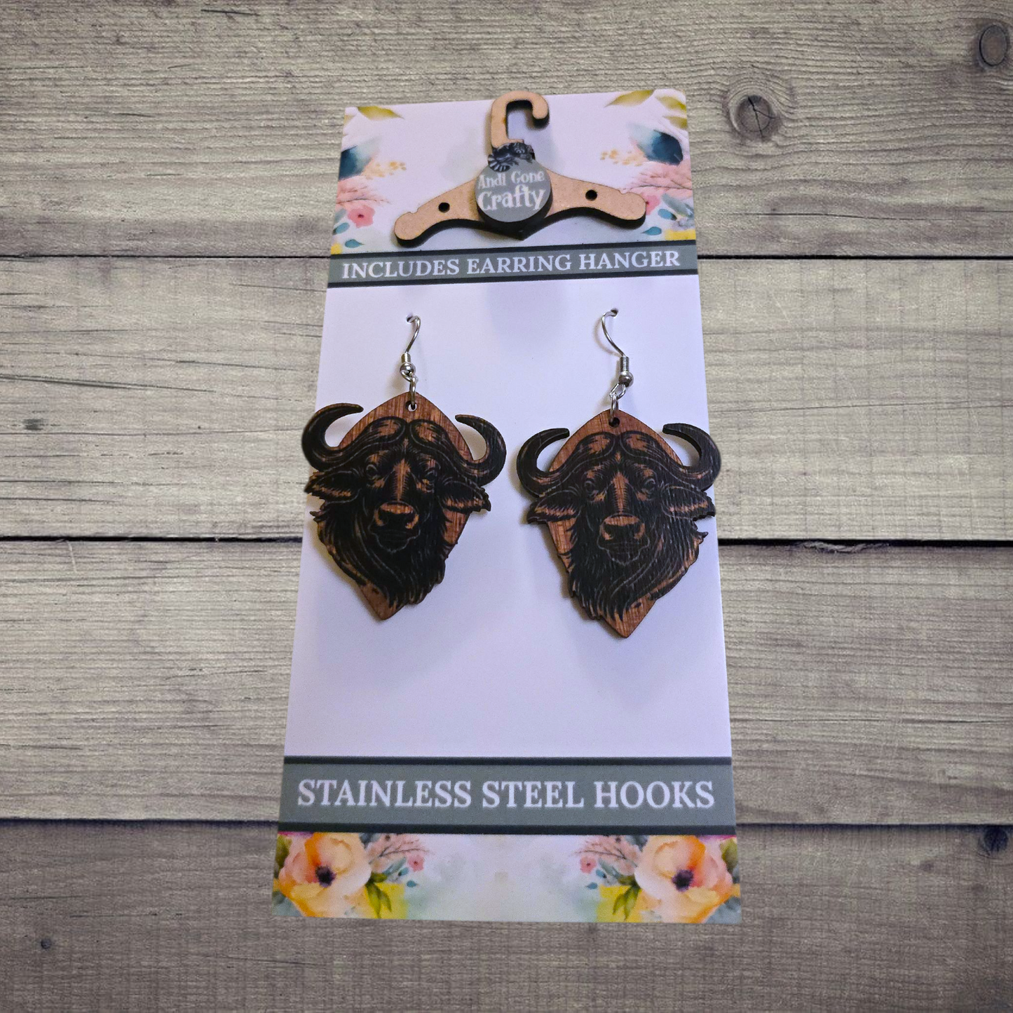 Bull - (Lightweight Wood and Stainless Steel Hooks) -  Earring Number 300262