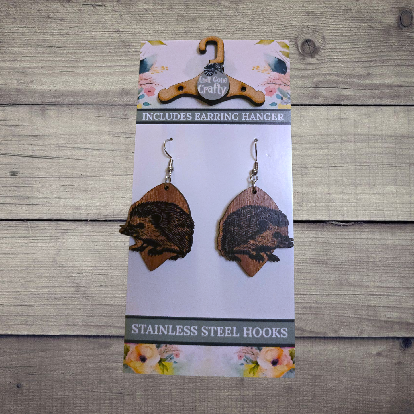 Hedgehog - (Lightweight Wood and Stainless Steel Hooks) -  Earring Number 300264