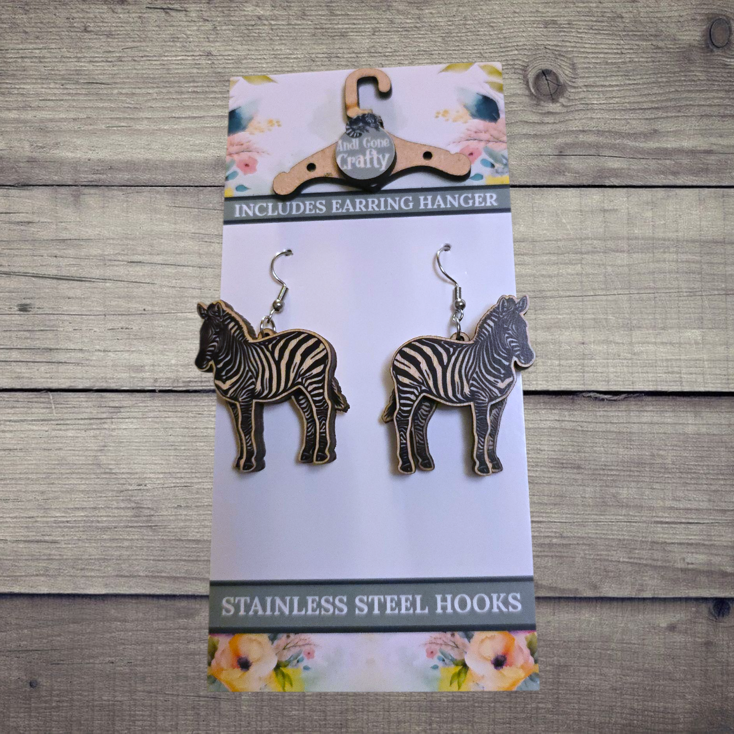 Zebra - (Lightweight Wood and Stainless Steel Hooks) -  Earring Number 300159