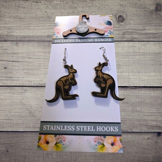 Kangaroo / Wallaby with Baby - (Lightweight Wood and Stainless Steel Hooks) -  Earring Number 300133