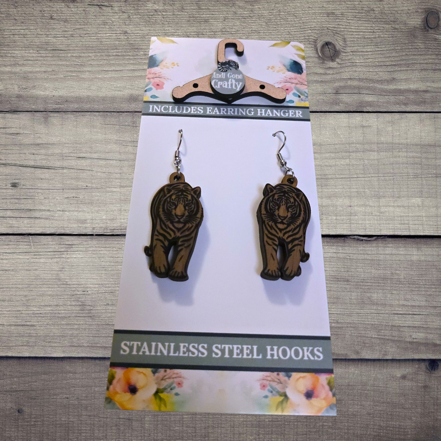 Tiger - (Lightweight Wood and Stainless Steel Hooks) -  Earring Number 300128