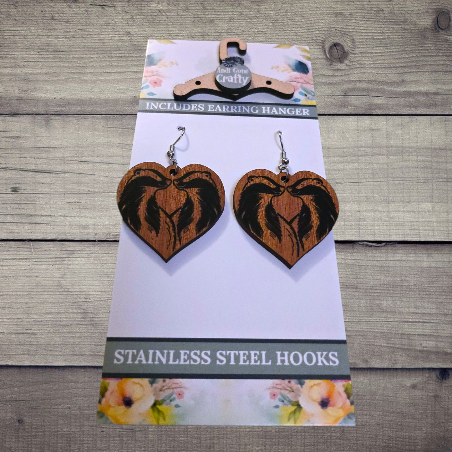 Badger Love - (Lightweight Wood and Stainless Steel Hooks) -  Earring Number 300226