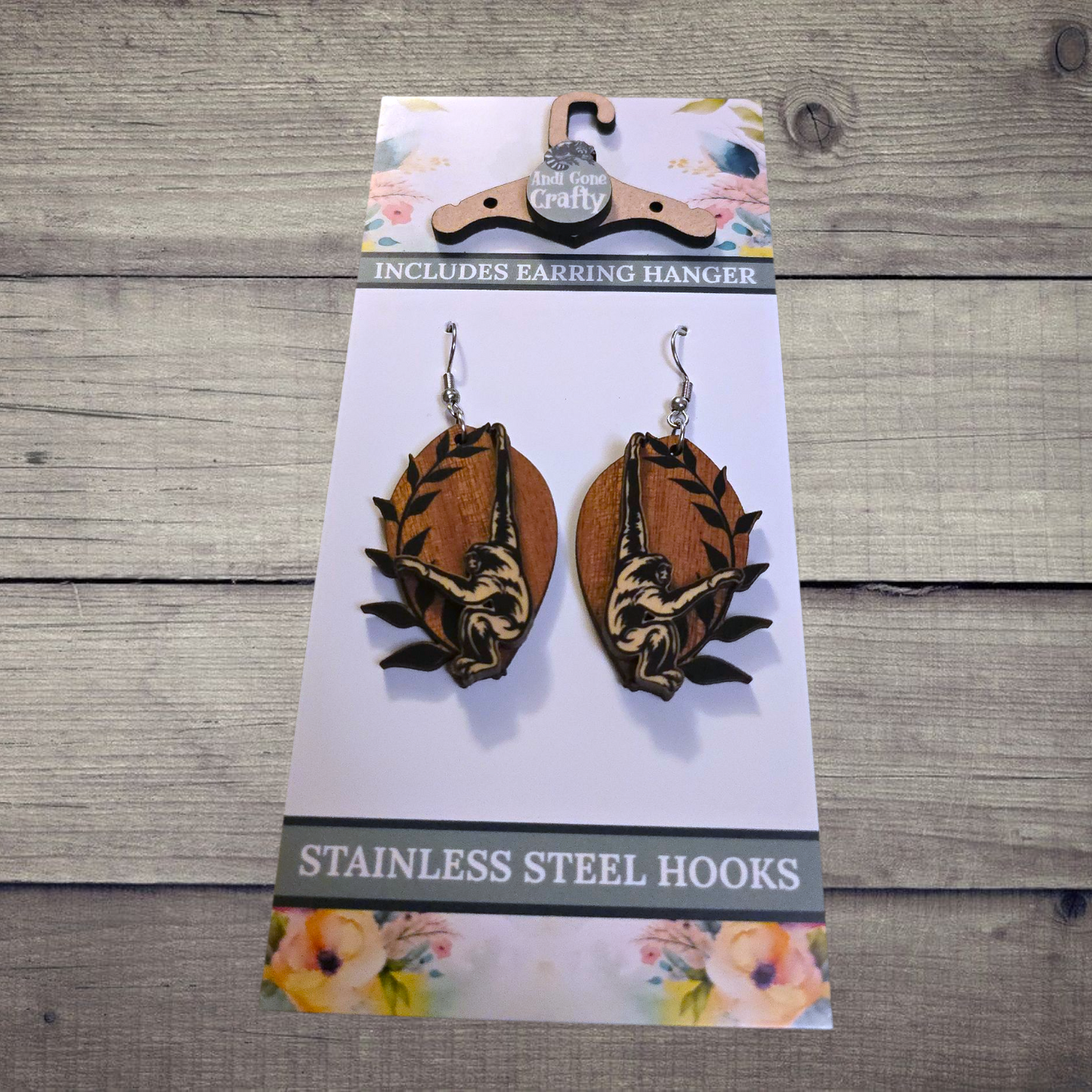 Gibbon - (Lightweight Wood and Stainless Steel Hooks) -  Earring Number 300228