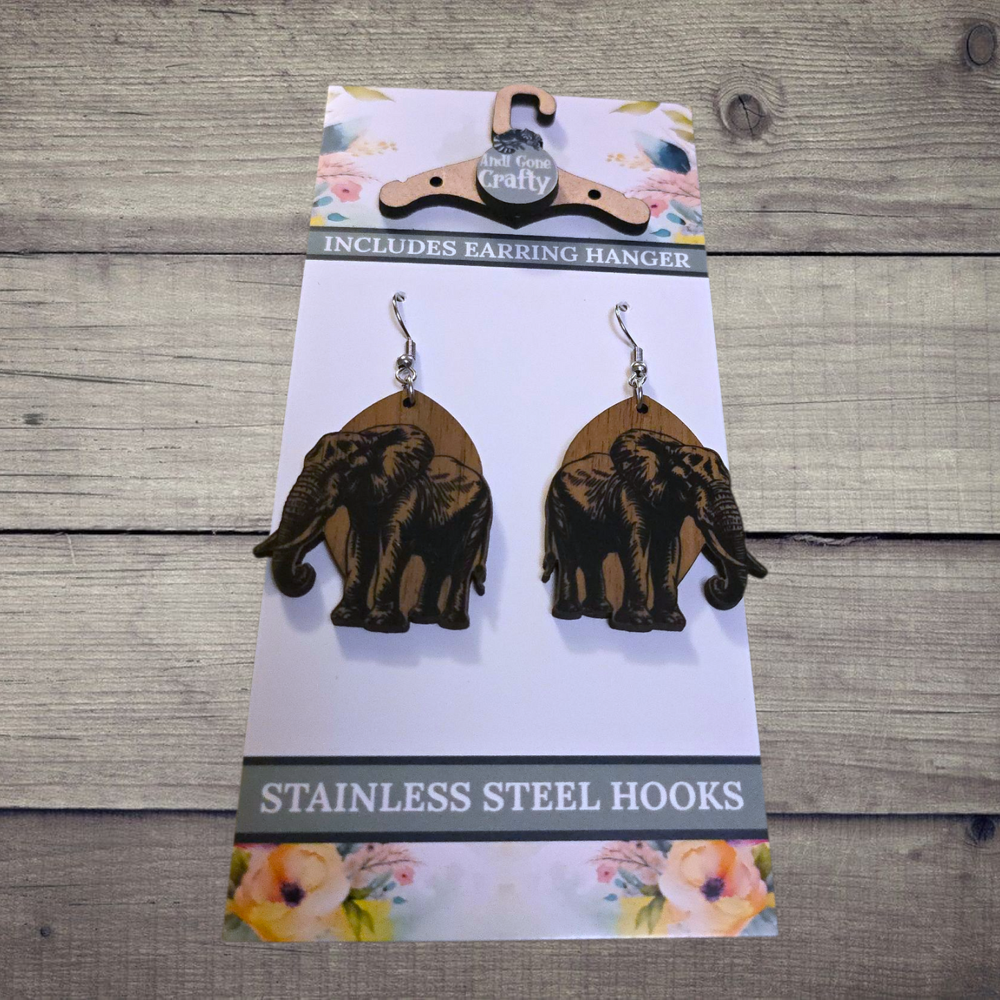 Elephant - (Lightweight Wood and Stainless Steel Hooks) -  Earring Number 300233