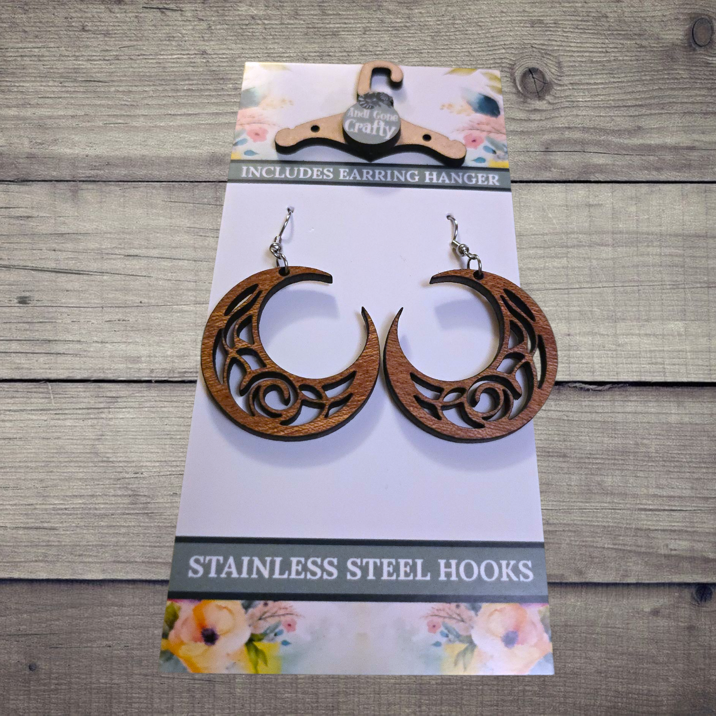 Moon - (Lightweight Wood and Stainless Steel Hooks) -  Earring Number 300236