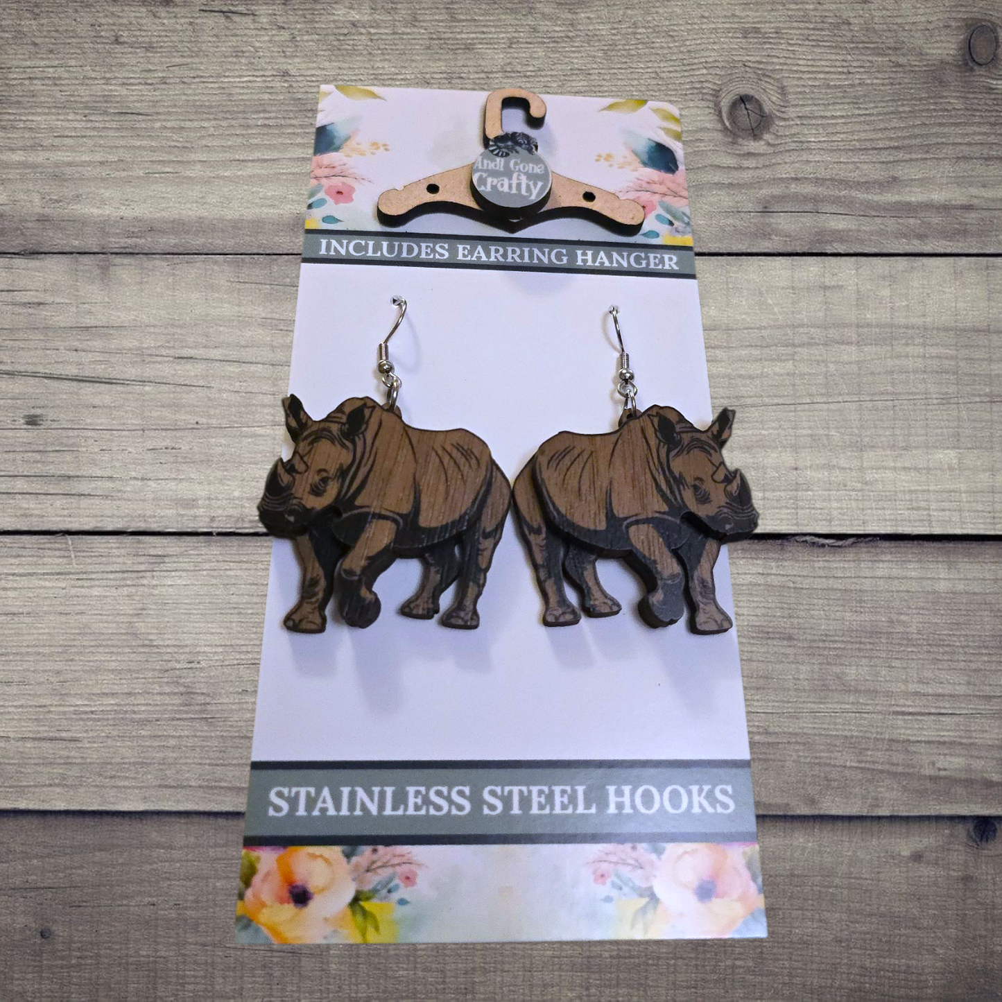 Rhino - (Lightweight Wood and Stainless Steel Hooks) -  Earring Number 300239