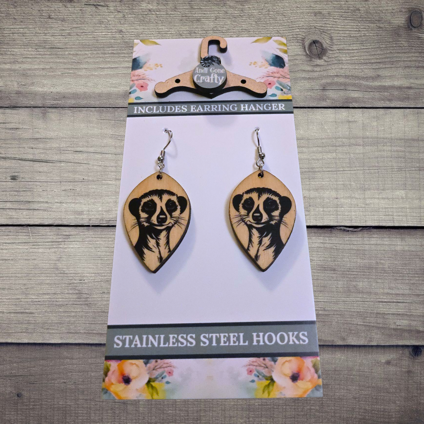 Meerkat - (Lightweight Wood and Stainless Steel Hooks) -  Earring Number 300240