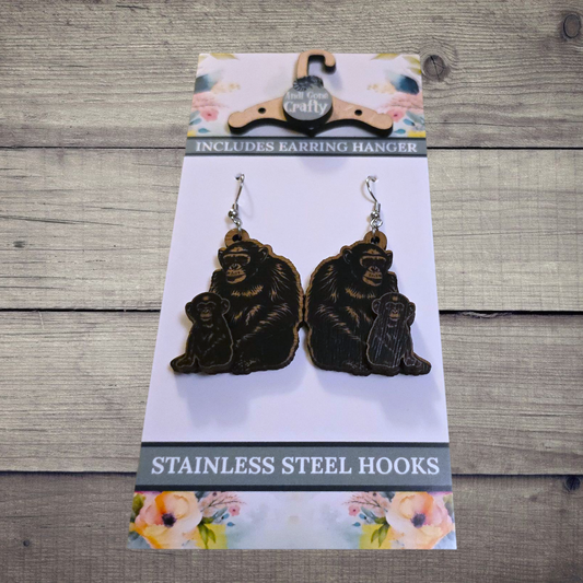 Chimpanzee - (Lightweight Wood and Stainless Steel Hooks) -  Earring Number 300091