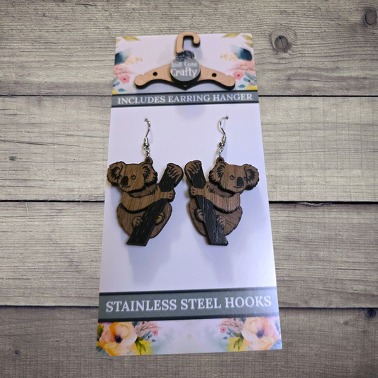 Koala - (Lightweight Wood and Stainless Steel Hooks) -  Earring Number 300107