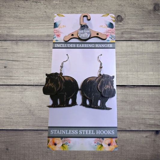Hippo - (Lightweight Wood and Stainless Steel Hooks) -  Earring Number 300044