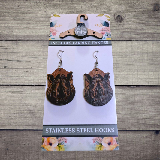 Rhino - (Lightweight Wood and Stainless Steel Hooks) -  Earring Number 300247