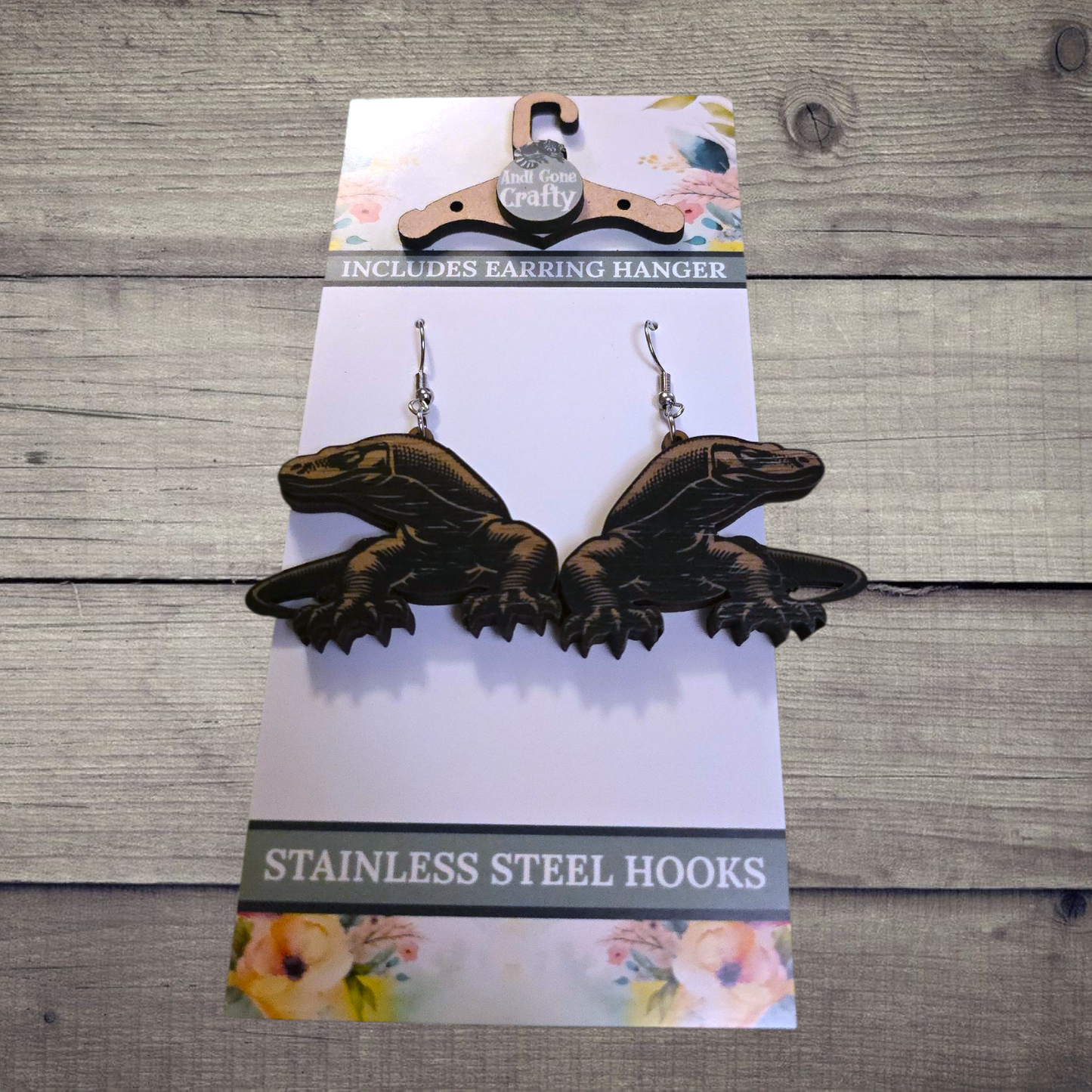 Komodo Dragon - (Lightweight Wood and Stainless Steel Hooks) -  Earring Number 300225