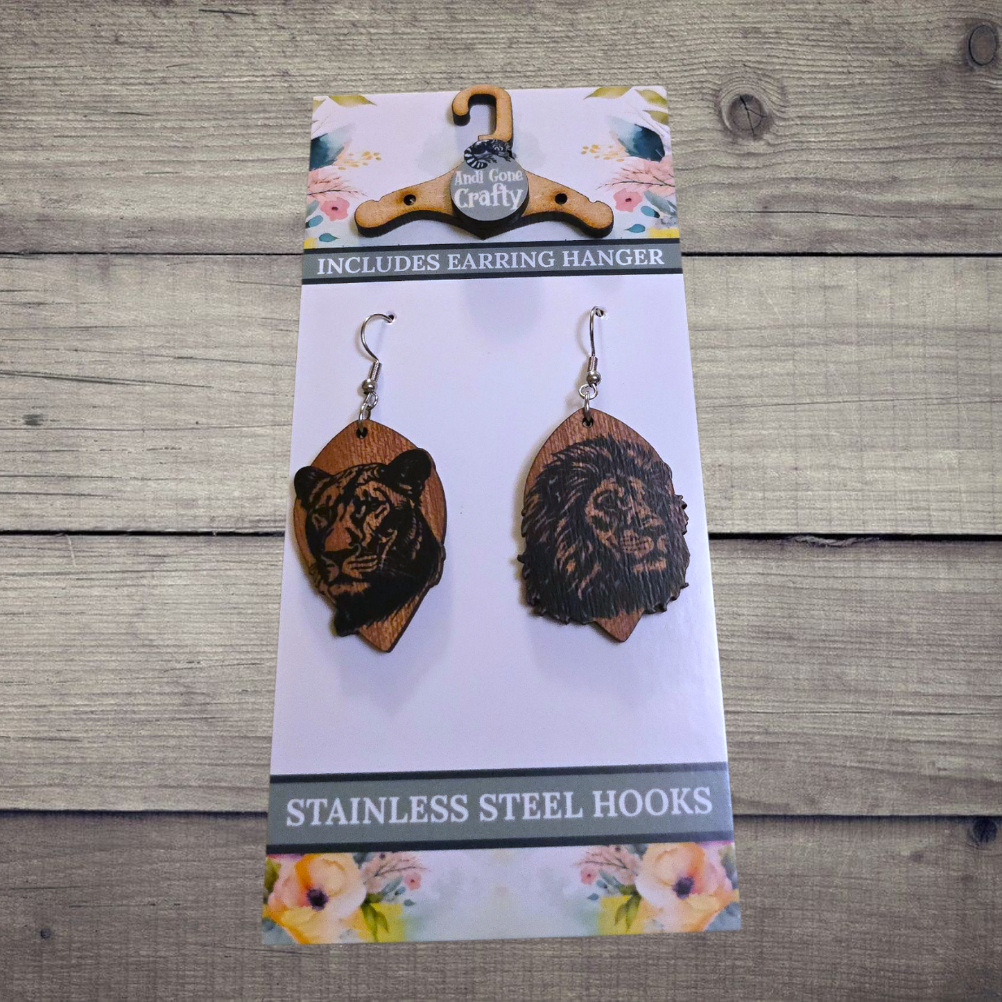 Lion and Lioness (Power Couple) - (Lightweight Wood and Stainless Steel Hooks) -  Earring Number 300221
